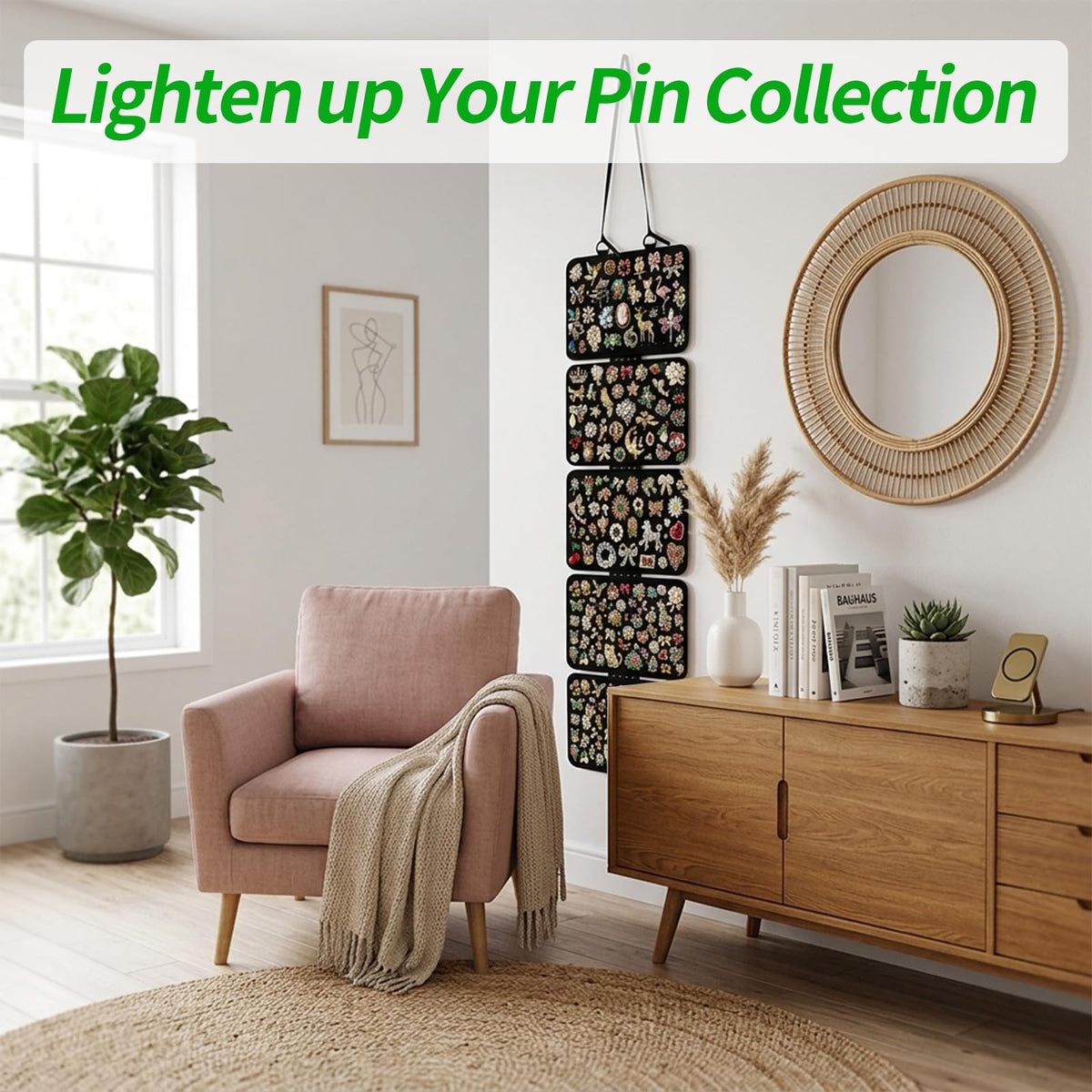 CENELO Hanging Pin Display Panels Organizer with 5 Loose-Leaf Board Pieces & 4 Hooks