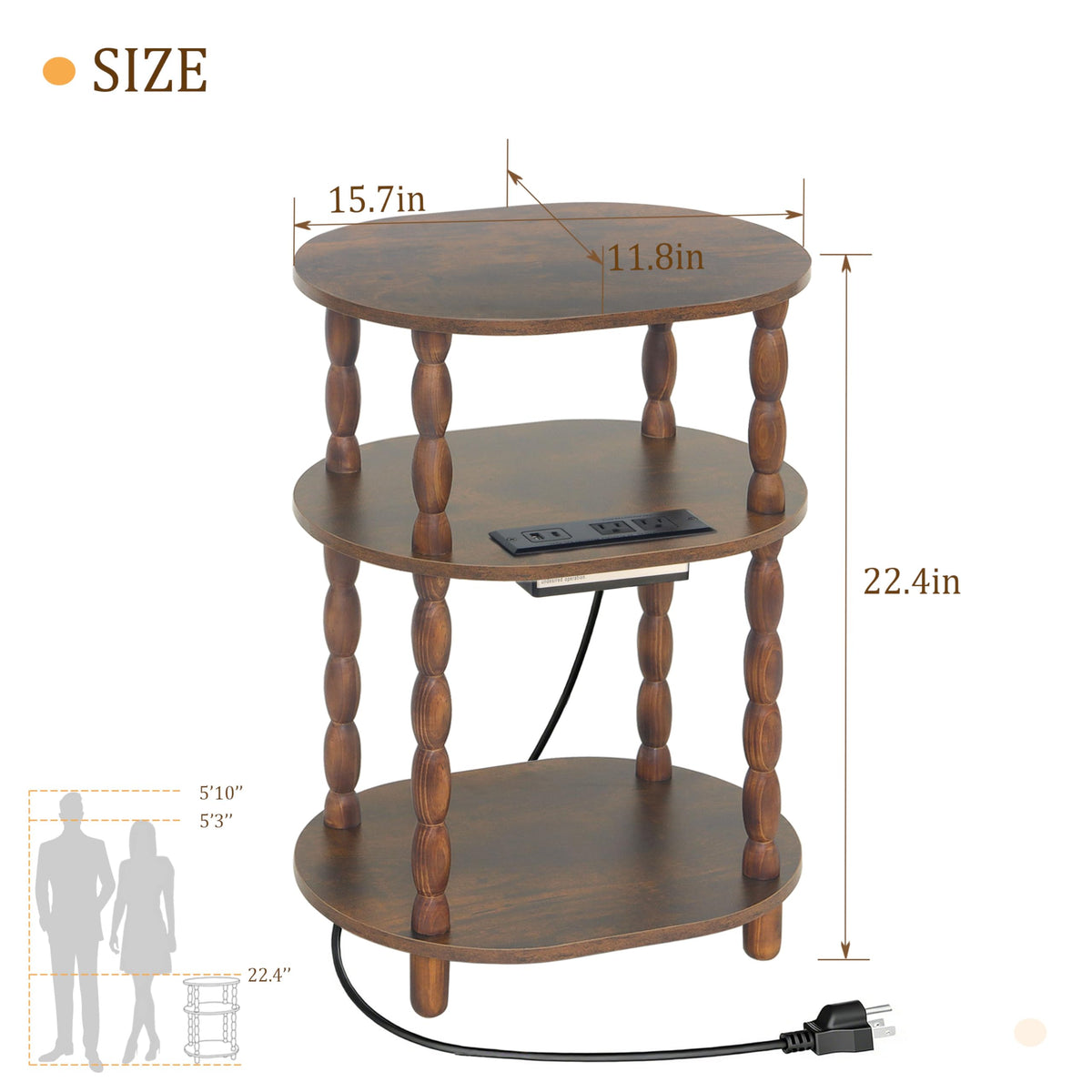 MaxSmeo Side Table with Charging Station, 3-Tier Small End Table with USB Ports and Outlets, Modern Oval Night Stand Accent Table for Living Room, Bedroom, Rustic Brown