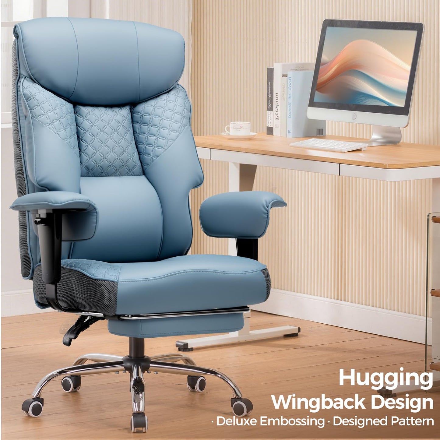 GTPLAYER Big and Tall Office Chair, High Back Computer Gaming Chair with Ergonomic Lumbar Support &Pocket Spring Cushion for Lower Back Pain Relief, Leather Executive Chair with Foot Rest, Blue
