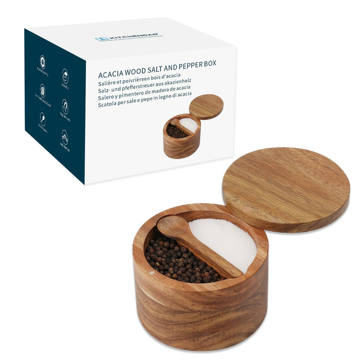 KITCHENDAO Acacia Wood Salt and Pepper Bowl Box, Built-in Spoon, Two Compartments Spice Seasoning Container, Sea Salt Cellar Holder, Magnetic Swivel Lid, Dual 5oz Capacity