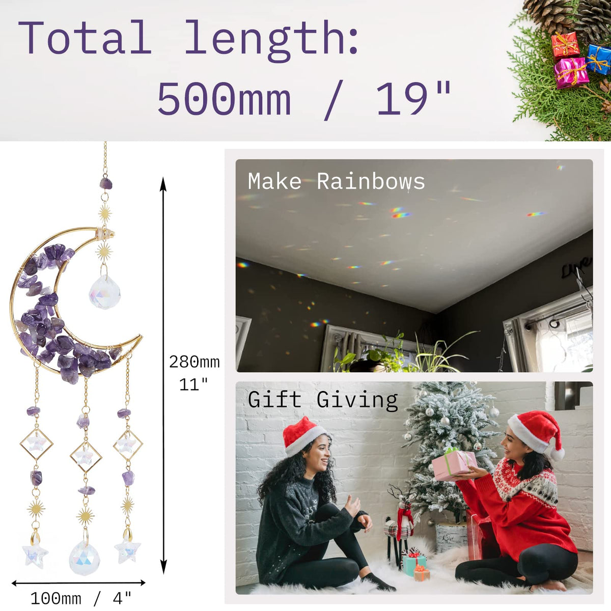 Amethyst Crystals Suncatcher - Hanging Moon Sun Catcher with Glass Prisms for Windows, Healing Amethyst Crystal Decor for Home, Gift for Christmas Birthday Valentine Mothers Day