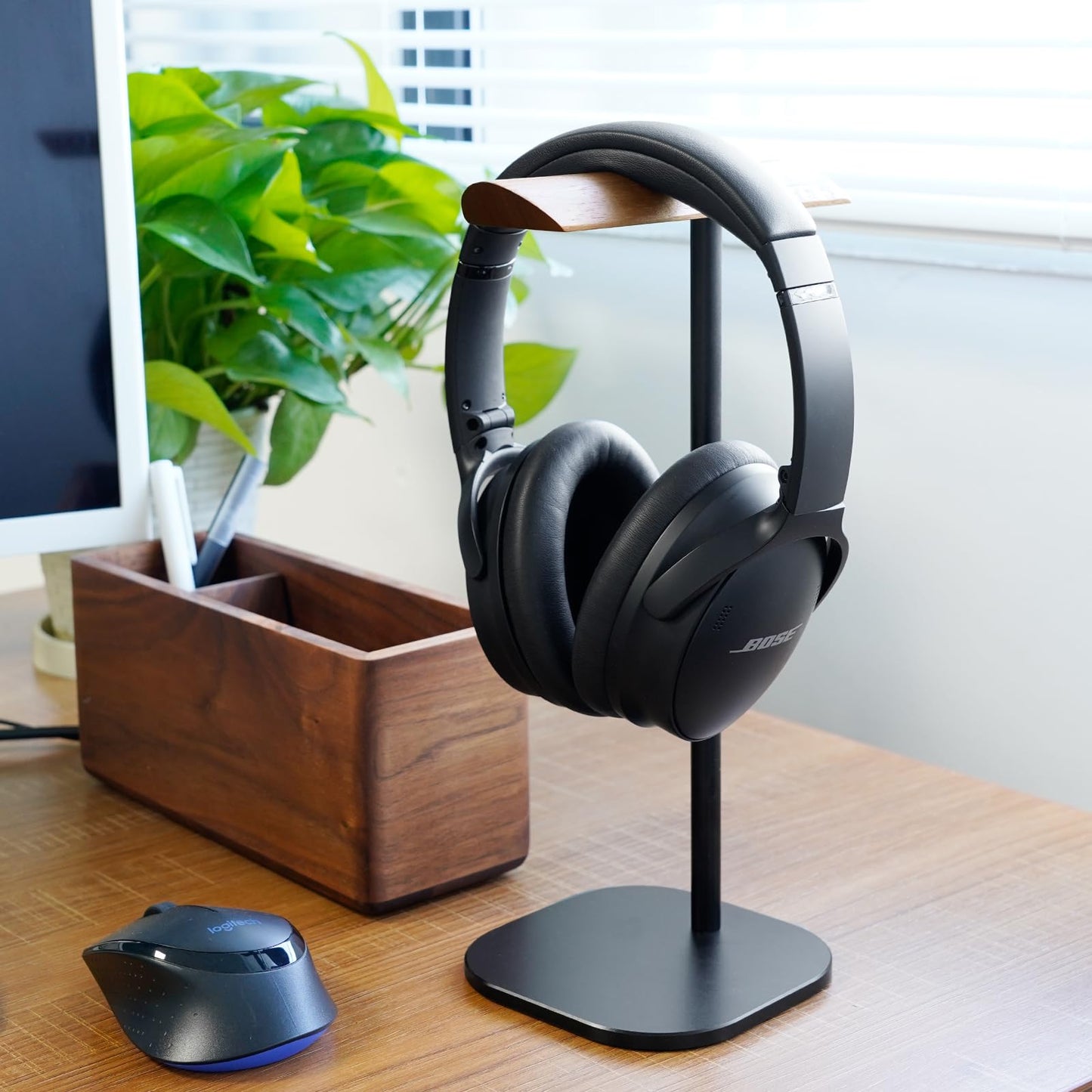 GEVO Headphone Stand for Desk, Walnut Wood & Aluminum Headset Stand, Universal Walnut Gaming Headset Holder with Solid Heavy Base for AirPod Max, Bose, Sony All Headphone Sizes (Square Base)