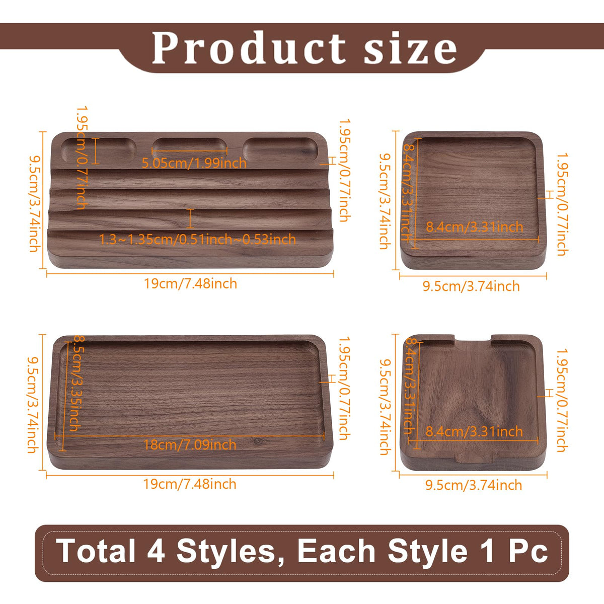 GLASSWINDS 4 Piece Wooden Desk Organizer Tray With Pen Holder, Walnut Wood Pencil Holder, Minimalist Desk Accessories, Mens Valet Tray Office Supplies, Stationery Pen Key Wallet Catchall Trays