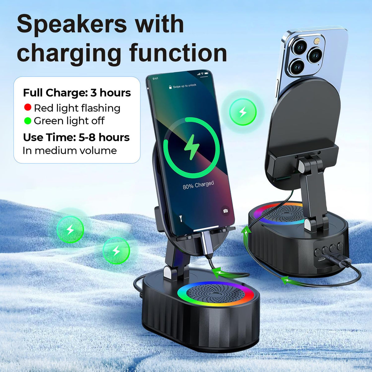 AKLLCCR Wireless Induction Audio Bluetooth Speaker 5in1 Phone Holder Emergency Rechargeable (3000mAh) with Colorful Ambient Light 300° Foldable for Tablet iPhone Android, Gifts for Men Women (Black)