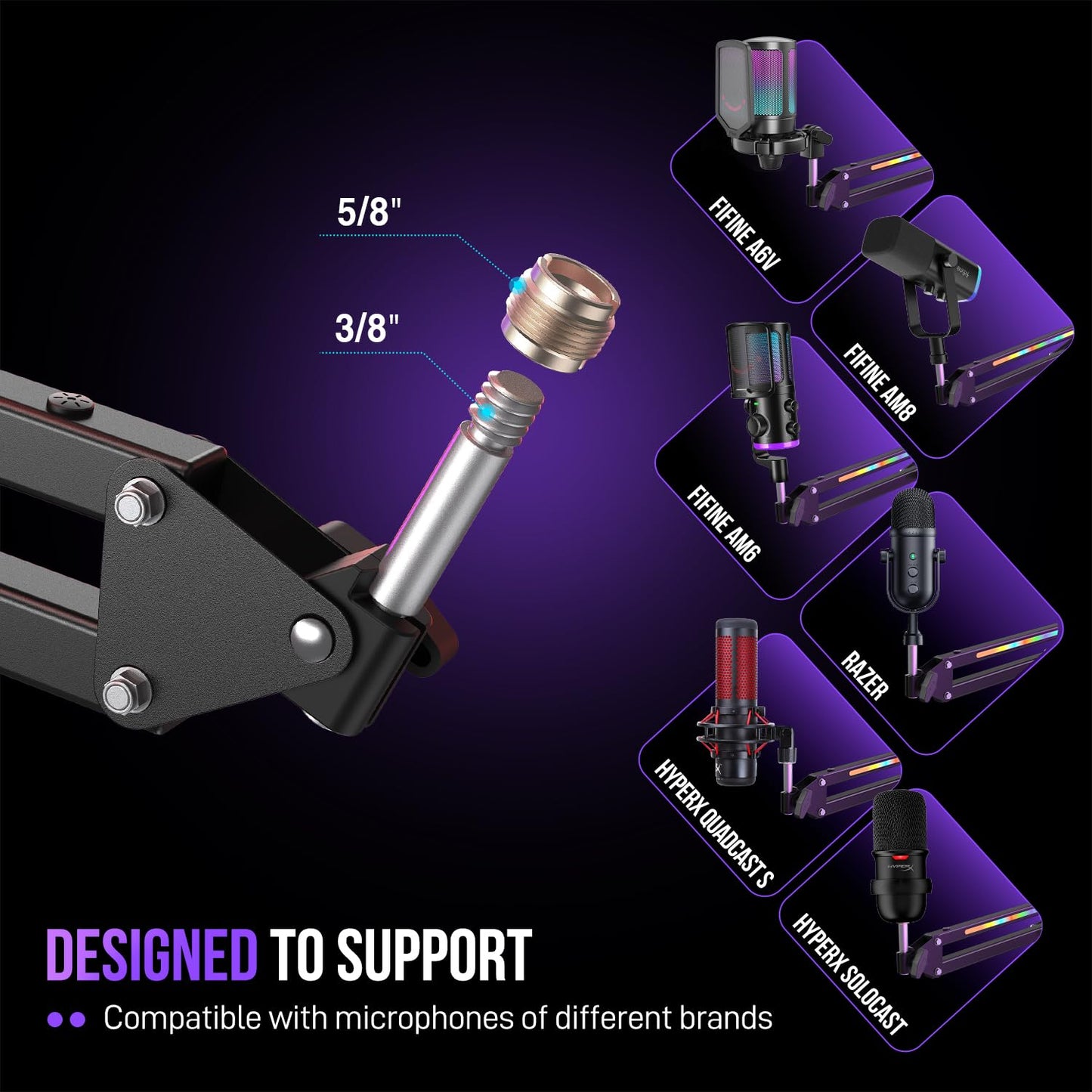 FIFINE Microphone Boom Arm, Metal Adjustable Mic Arm Stand with RGB Control, 3/8” to 5/8” Screw Adapter, Desk Mount Clamp, Suspension Scissor Mic Stand for Gaming Streaming Podcast-AmpliGame BM38