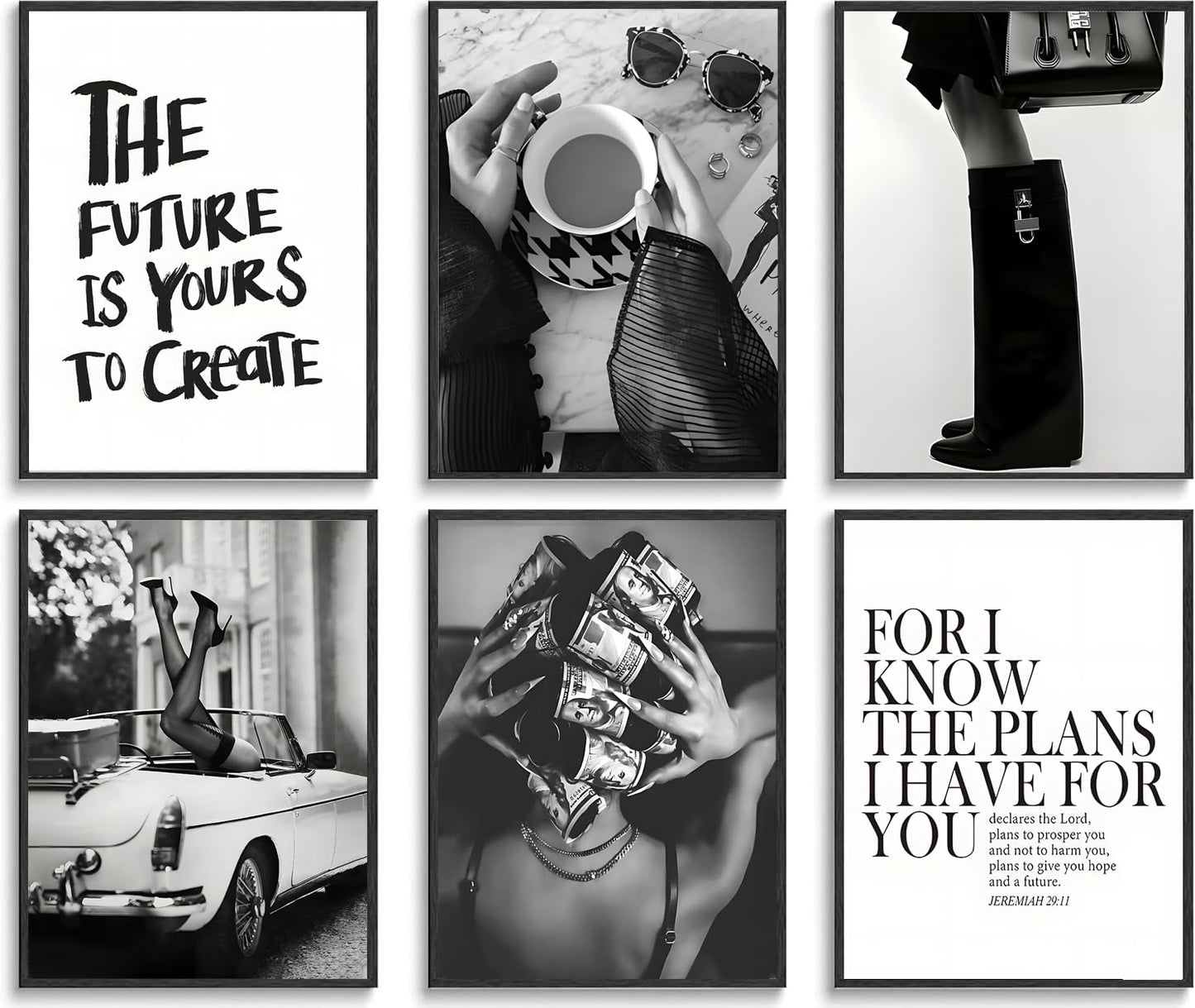 Trendy Black and White Wall Art Luxury Money Hair Rollers Girl Posters High Heels Motivational Quotes Home Decor for Bedroom Living Room Dormitory Modern Aesthetic Pictures Unframed 8x10 Inch