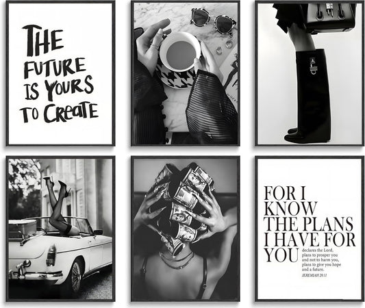 Trendy Black and White Wall Art Luxury Money Hair Rollers Girl Posters High Heels Motivational Quotes Home Decor for Bedroom Living Room Dormitory Modern Aesthetic Pictures Unframed 8x10 Inch