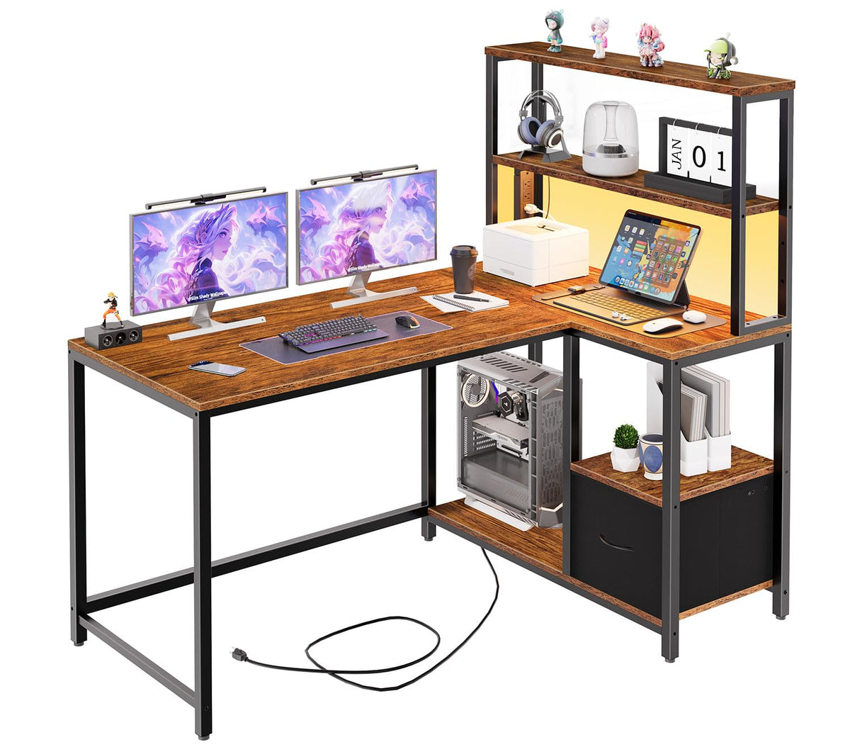 HOOBRO L Shaped Gaming Desk, 46 Inch Reversible Computer Desk with LED Light & Power Outlet, Office Desk with Storage Shelves & Drawer, for Home Office, Study, Rustic Brown and Black BF18UDDN01