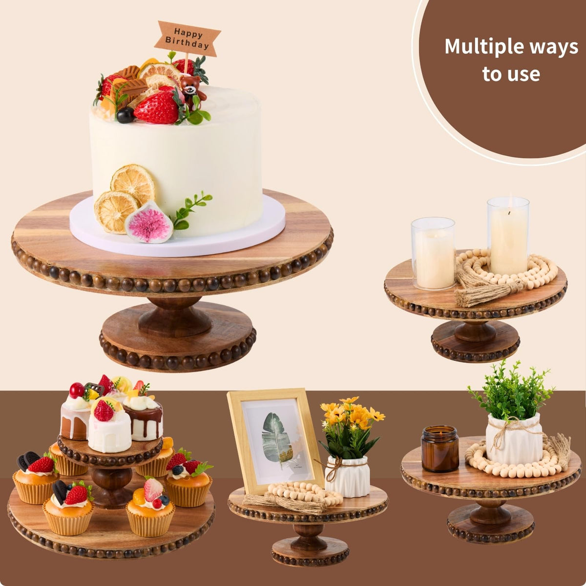 THORNIA Acacia Wood Cake Stand with Handcrafted Beaded Edge - 12 inch Round Decorative Tray & Display Stand for Wedding, Rustic Home Decor, Centerpiece, Desserts, Vanity or Coffee Table