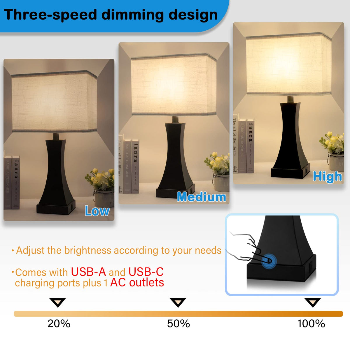 OYedis Table Lamp for Bedroom 3-Way Dimmable Touch Control Bedside Lamp with USB A+C Port & AC Outlet 21.6" Tall Nightstand Lamp for Living Room Office and Hotel Bulb Included