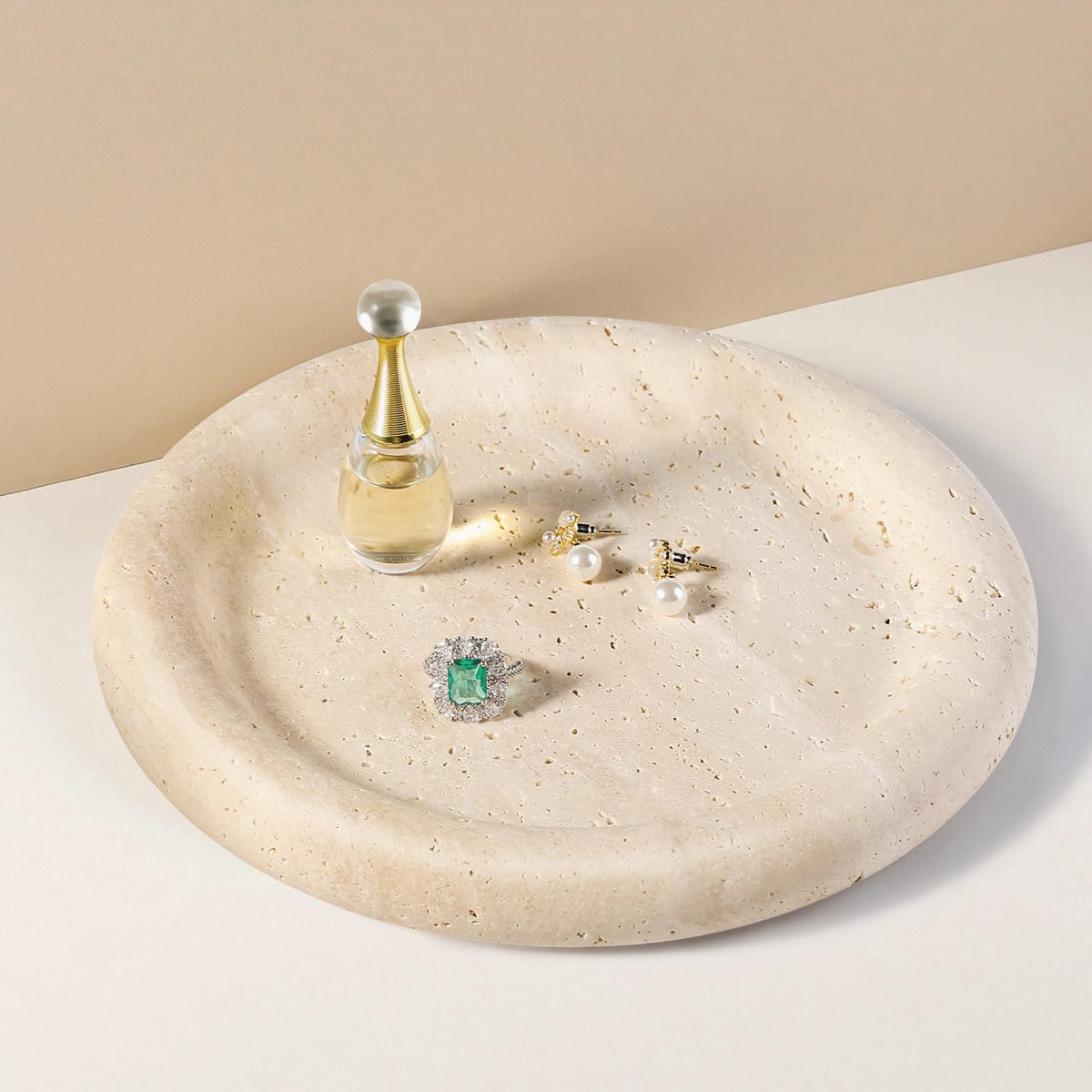 Koville Italian Round Travertine Tray, 8" Vanity Decorative Marble Tray for Countertop, Catchall for Perfume, Candles, Jewelry Dish