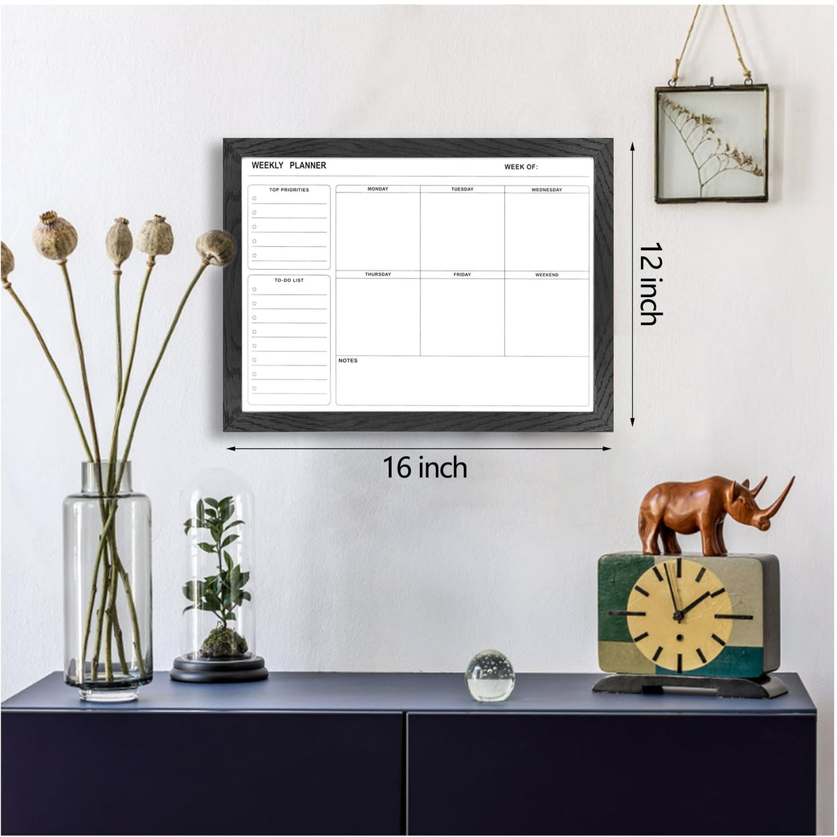 Marribol White Board Weekly Calendar Dry Erase Planner for Wall-16"X12",Black Solid Wood Frame,Minimal/Modern Design, Magnetic Whiteboard Planner for to Do List, Memo, School, Home, Office, Kitchen
