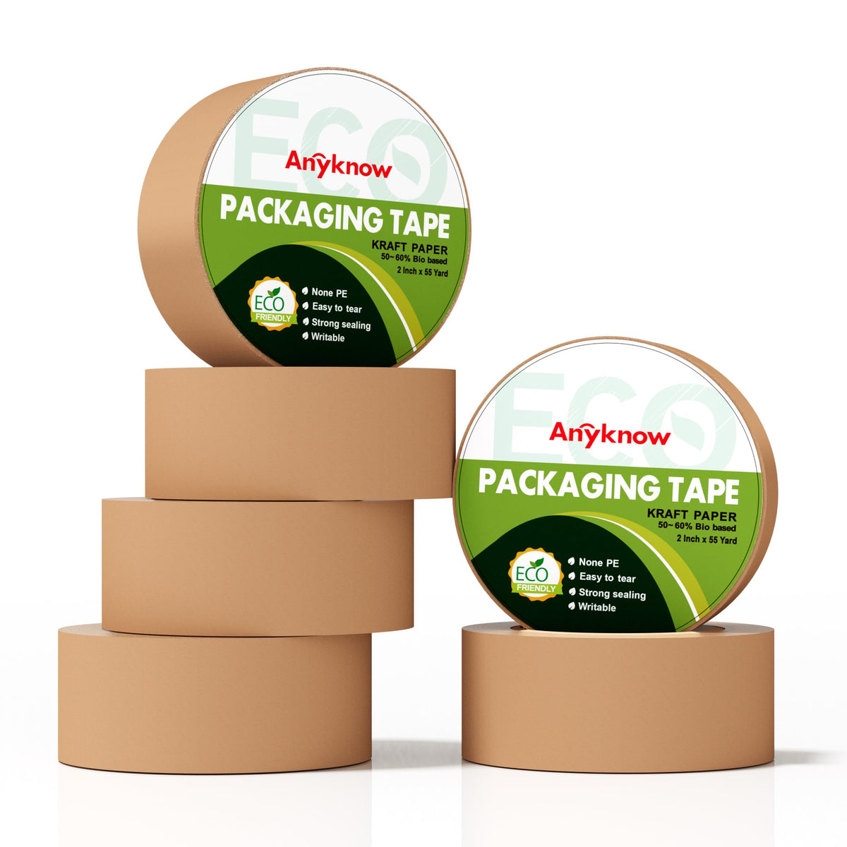Anyknow Kraft Paper Packing Tape (6 Rolls), 2 Inch x 55 Yards, Heavy Duty Brown Shipping Tape with Natural Rubber, Silent & Writable Self-Adhesive for Moving & Small Business