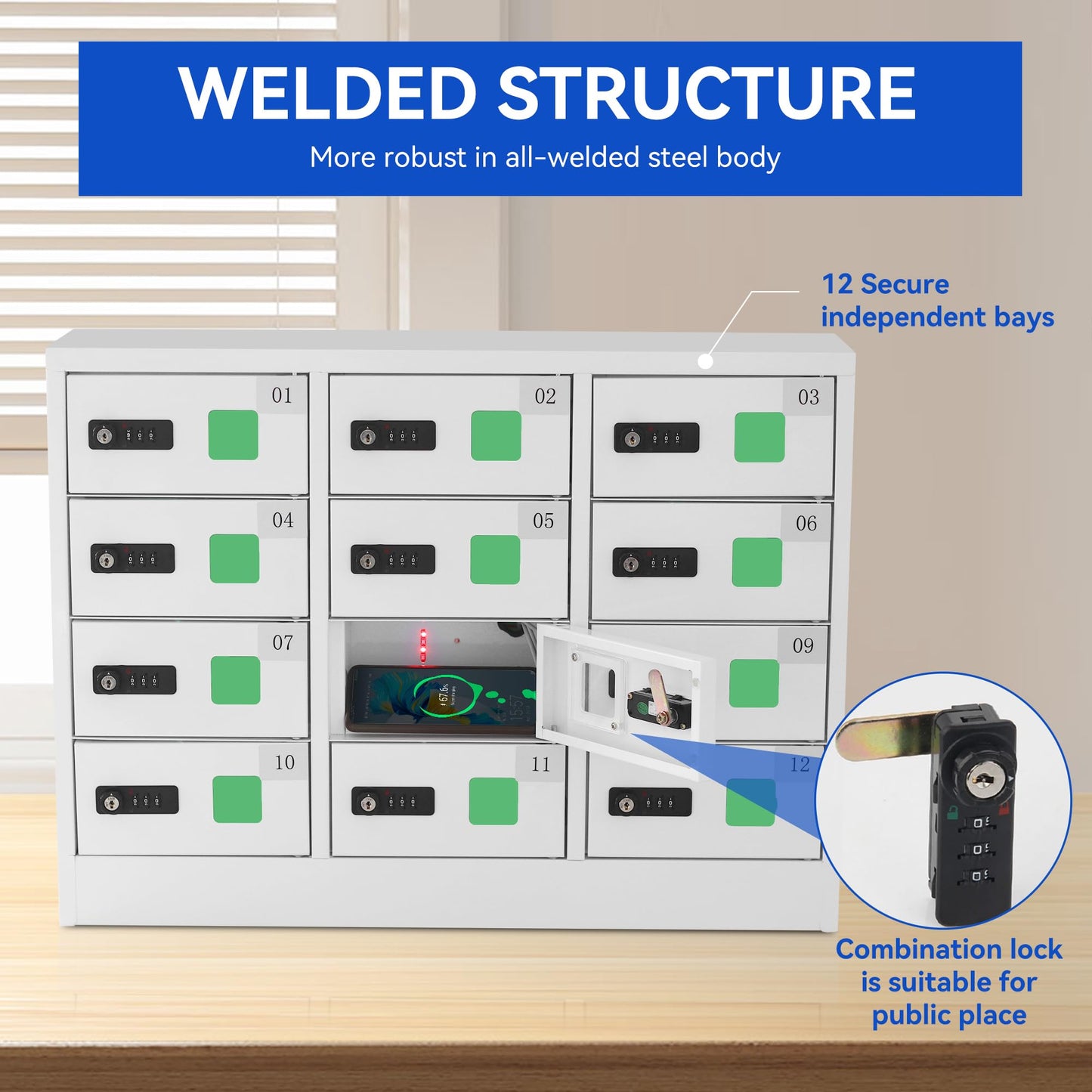 Bpatoimsx Safety and Convenience 12 - Compartment Cell Mobile Phone Charging Station Cabinet Locker with Combination Lock White - Ideal for Students and Employees