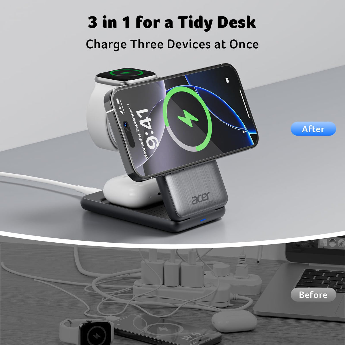 Acer 3 in 1 Charging Station for Apple Device, Magnetic Wireless Foldable Fast Charger Stand Compatible with MagSafe for iPhone, Apple Watch & AirPods, Foldable Charging Dock for Desk S3