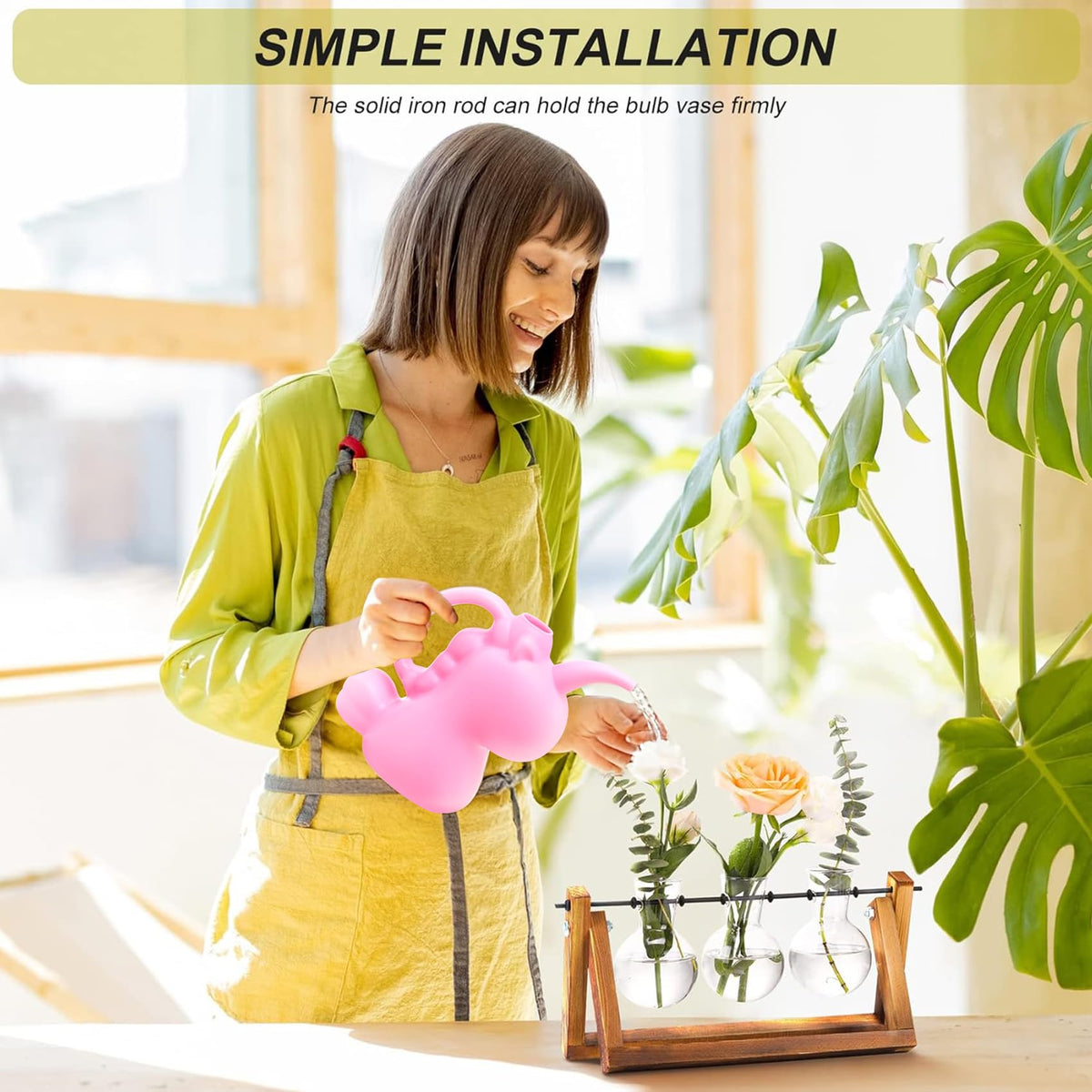 XXXFLOWER Plant Terrarium with Wooden Stand, Air Planter Bulb Glass Vase Metal Swivel Holder Retro Tabletop for Hydroponics Home Garden Office Decoration - 3 Bulb Vase