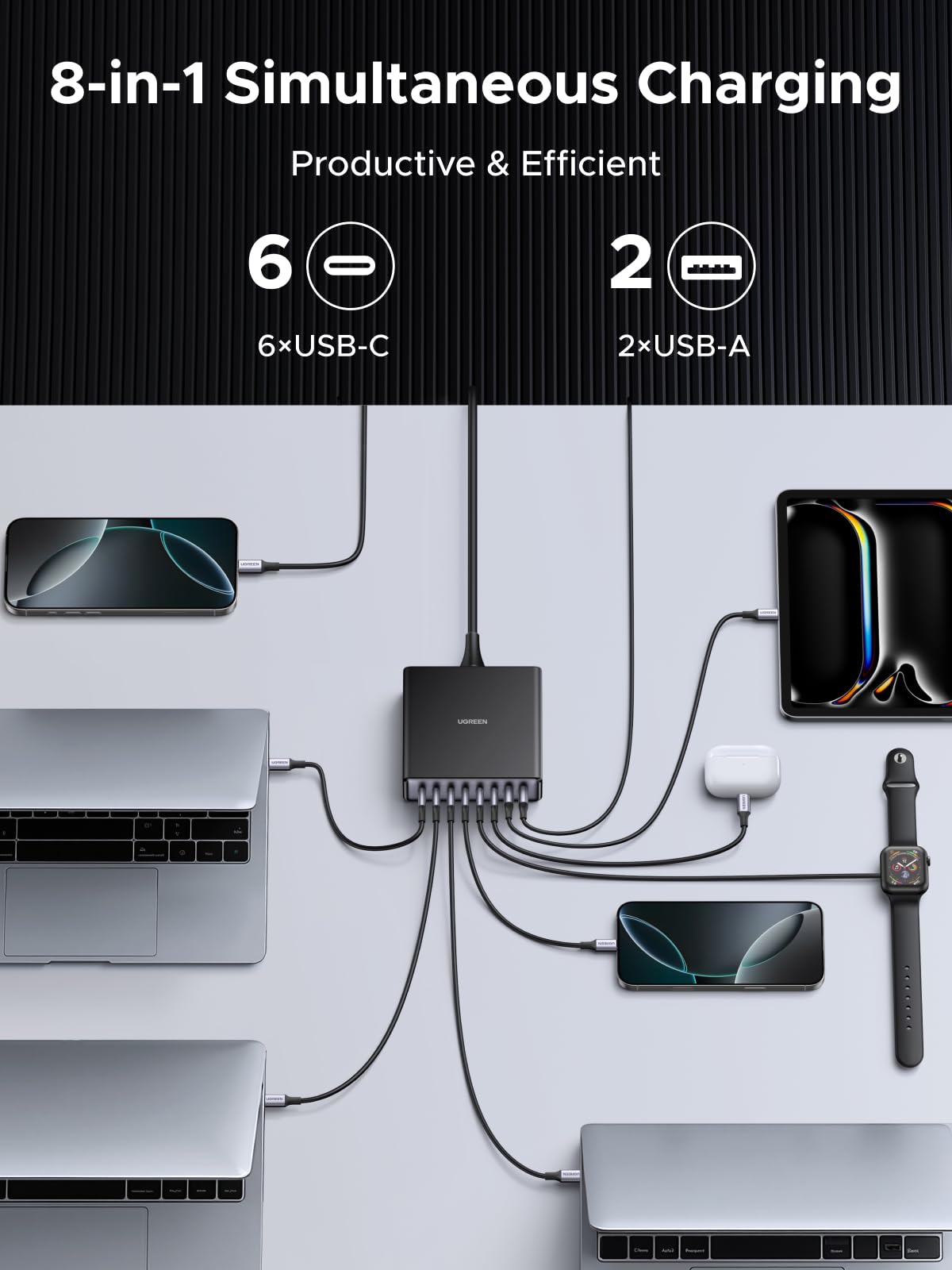 UGREEN Nexode 200W GaN USB C Charging Station, 8-Port Desktop Charger with PD 100W for MacBook Pro 16"/Air, Dell XPS, iPad Pro, iPhone 17/16/15, Galaxy S25/S24, Pixel 10/9