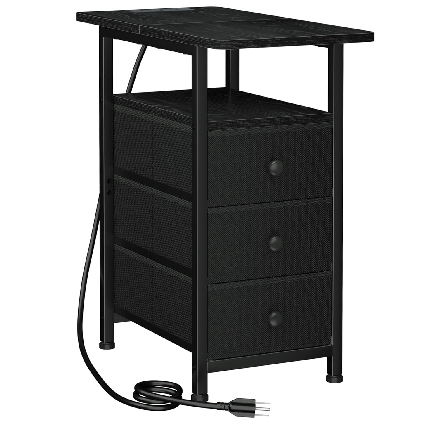 AMHANCIBLE End Tables Living Room with Charging Station, Narrow Side Table with USB Ports and Outlets, Slim Nightstand with 3 Fabric Drawers for Bedroom, Small Space, Black, HETN013BK-1