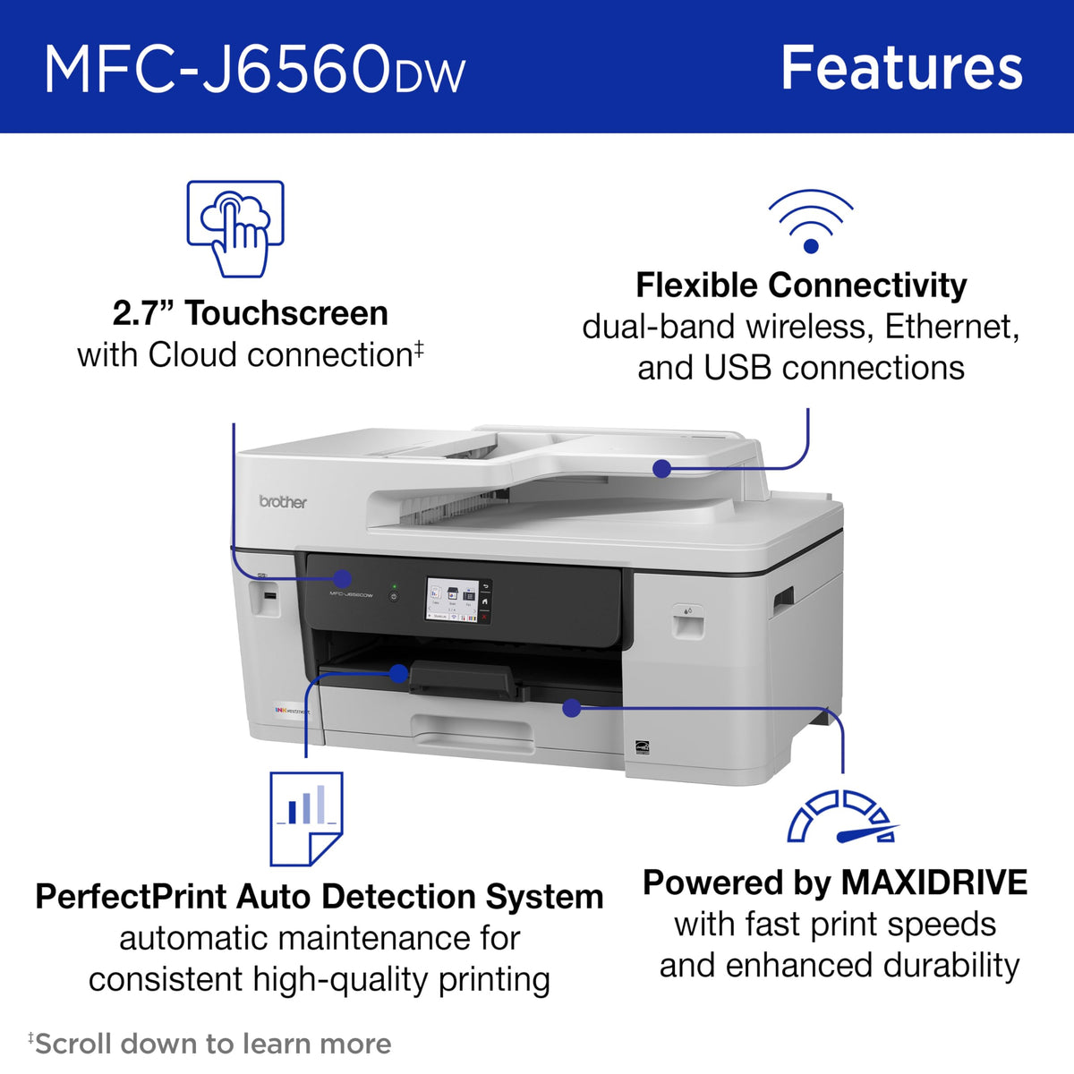 Brother INKvestment 6560 Wireless Color Inkjet All-in-One Printer with 11”x17” Capabilities and 2.7” Color Touchscreen | Includes Refresh Subscription Trial(1) (MFC-J6560DW)