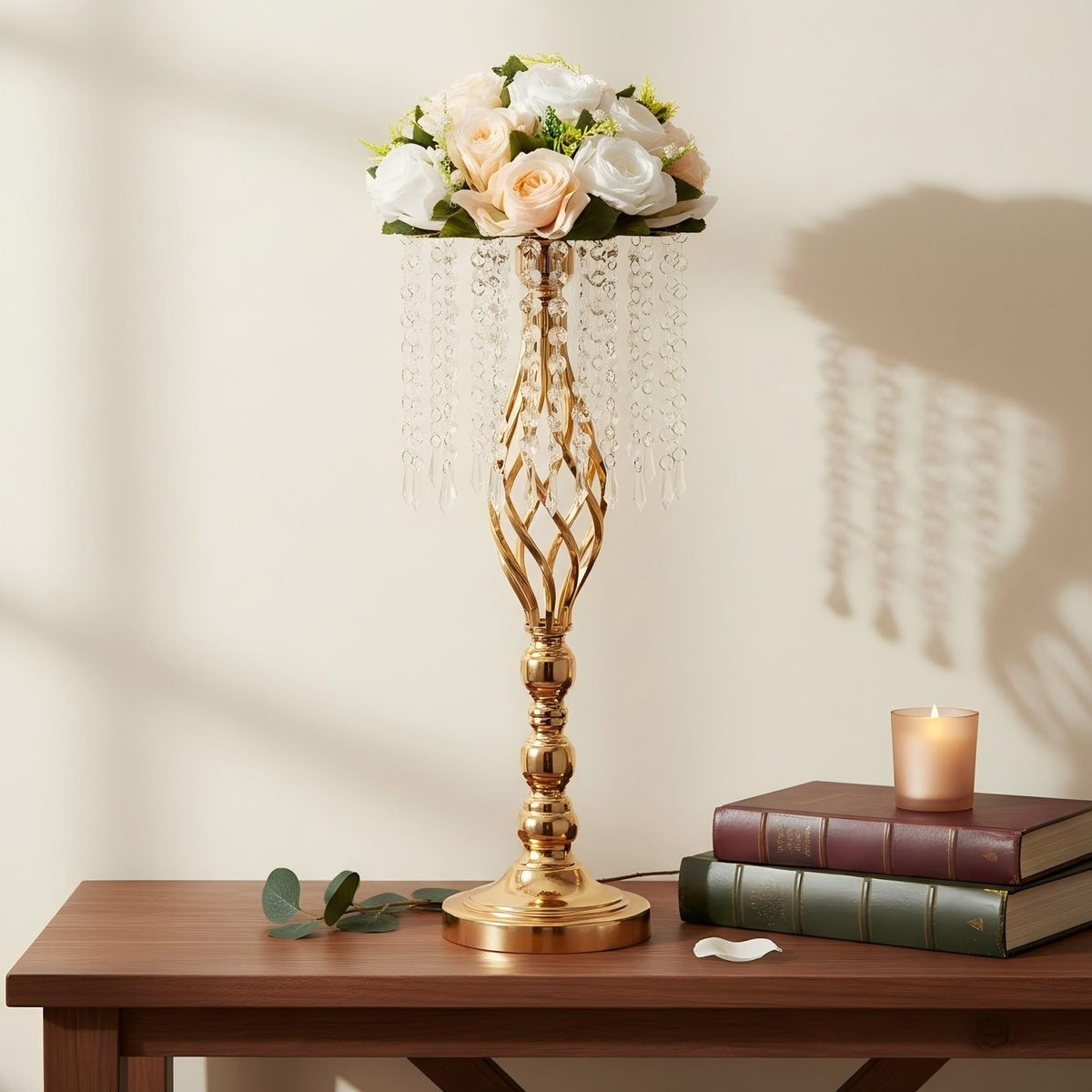 LANLONG 2pcs Gold Metal Flower Vases Crystal Flower Stand Wedding Centerpieces for Tables Party Dinner Event Restaurant Hotel Decoration
