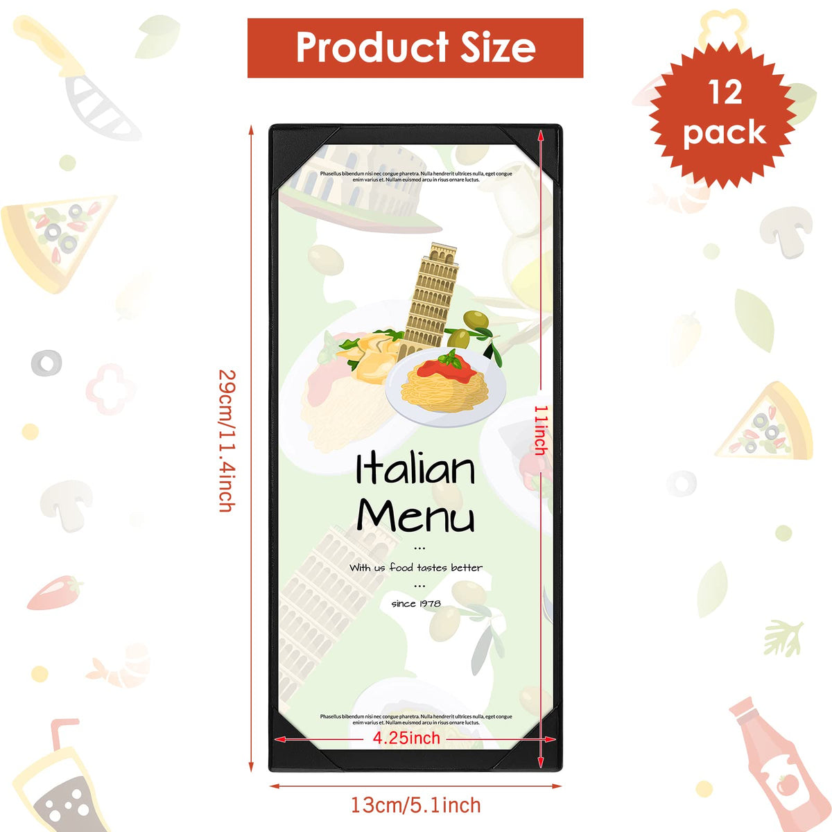 Jexine 12 Pcs Restaurant Menu Covers Single Page Panel Holders with Angled Corners, Black, 4.25" x 11"