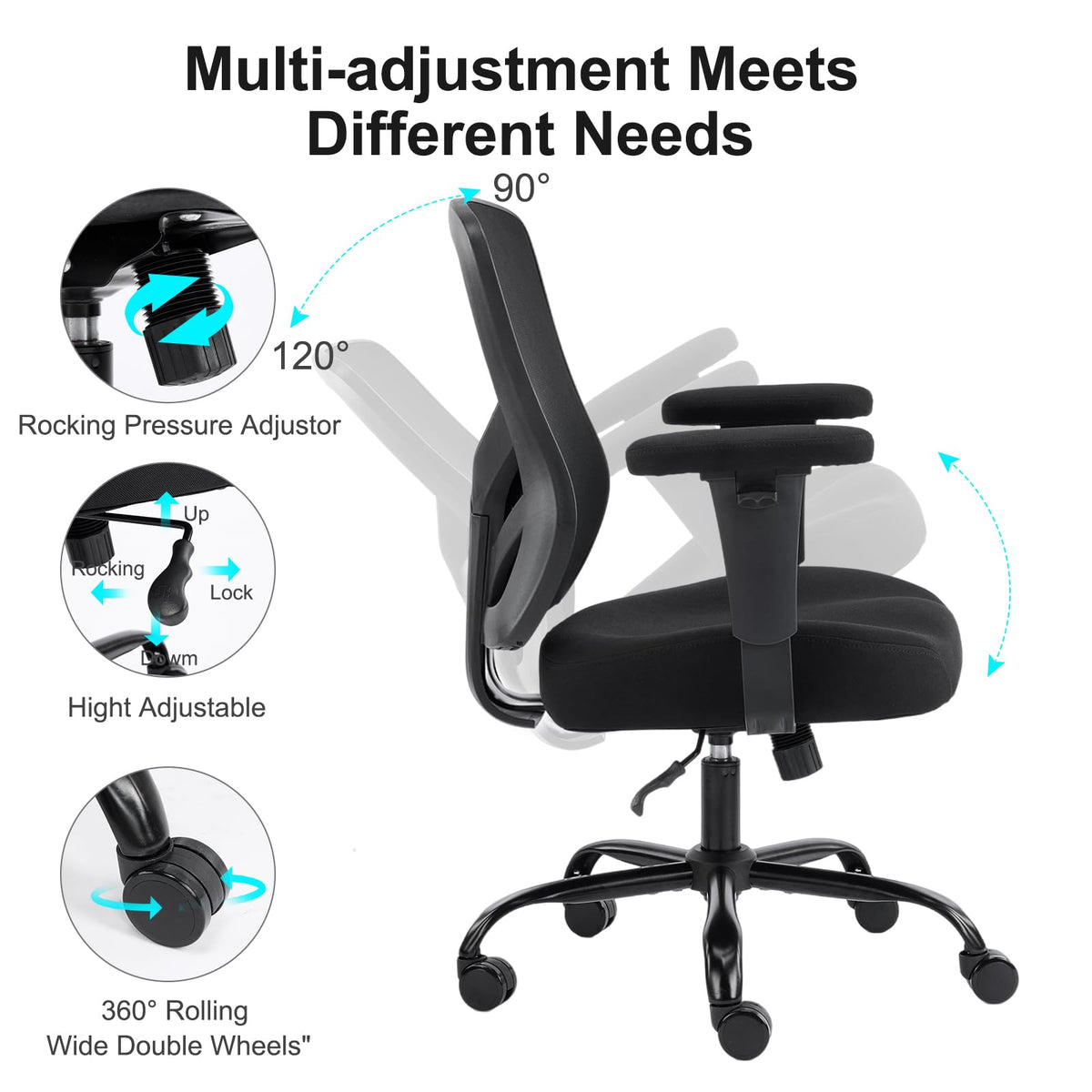 YFO Ergonomic Office Chair, Mesh Computer Desk Chair with Adjustable Back Lumbar Support and Armrests, Comfy Executive Rolling Swivel Task Chair for Home Office, Black