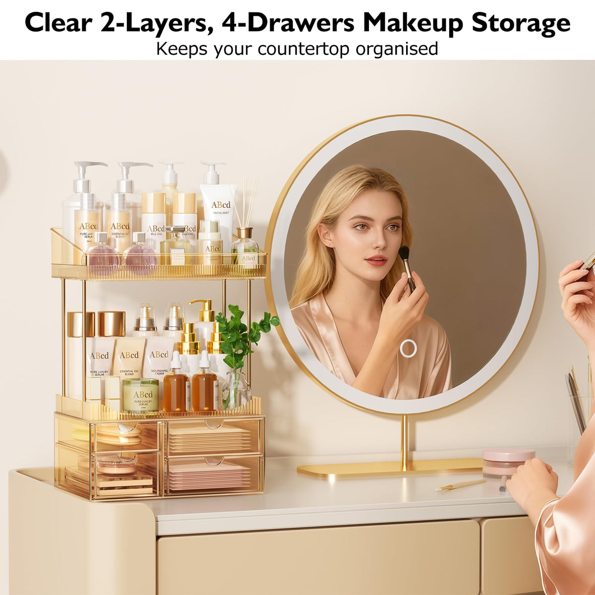 SNSLXH 4 Drawers Makeup Organizer - 4 Tier Makeup Storage, Cosmetics Organiser, Ideal for Cosmetic, 4 Dividers with Drawers for Countertop, Bathroom, Office Supplies, Dresser Transparent Tawny