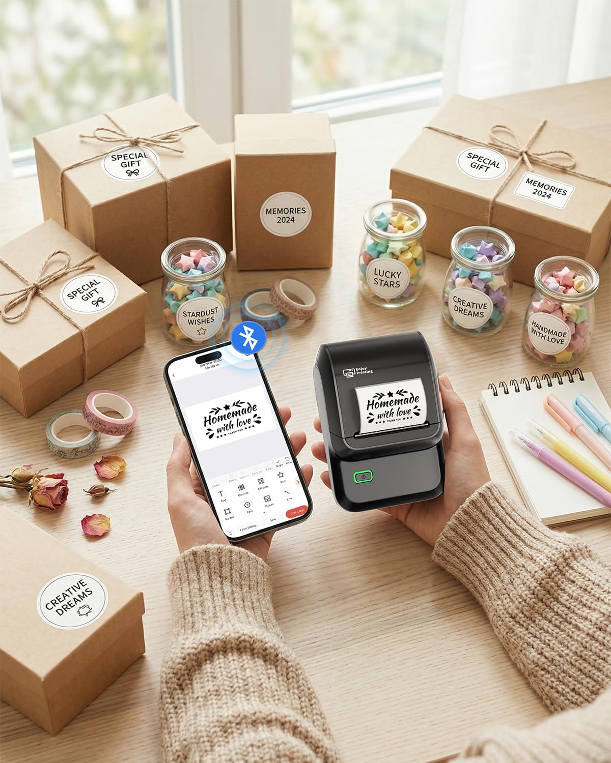 Ponek Label Maker Machine with Tape, M100 Address Barcode Label Printer, Versatile App 4000 Icons and 300 Fonts, Industrial Label Makers for Small Business, Office, Home, School, Safety Label Makers