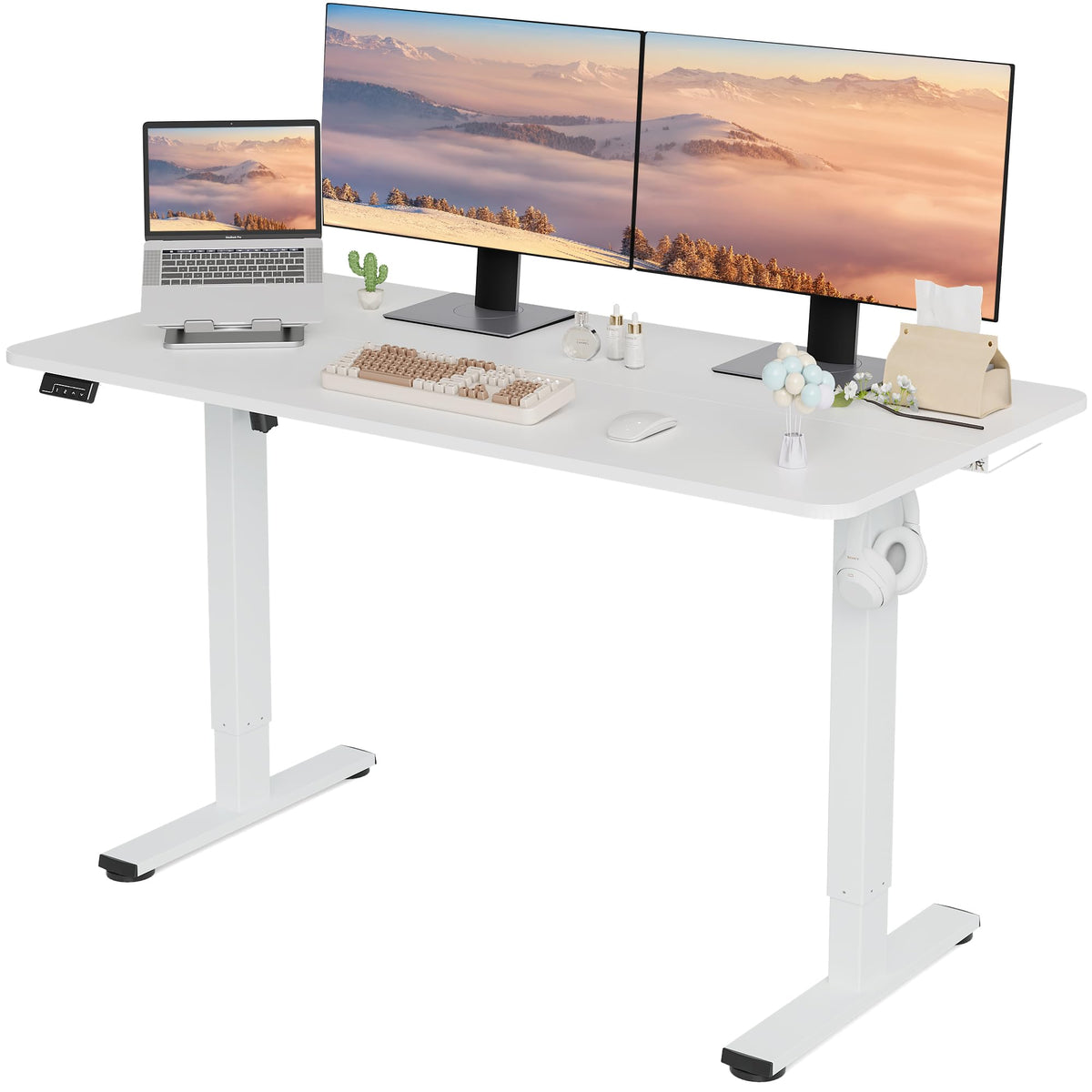 LongKe Electric Standing Desk Adjustable Height, 55x24 Inches Sit Stand up Desktop for Home Office, Ergonomic Rising Computer Table with Memory Preset, White