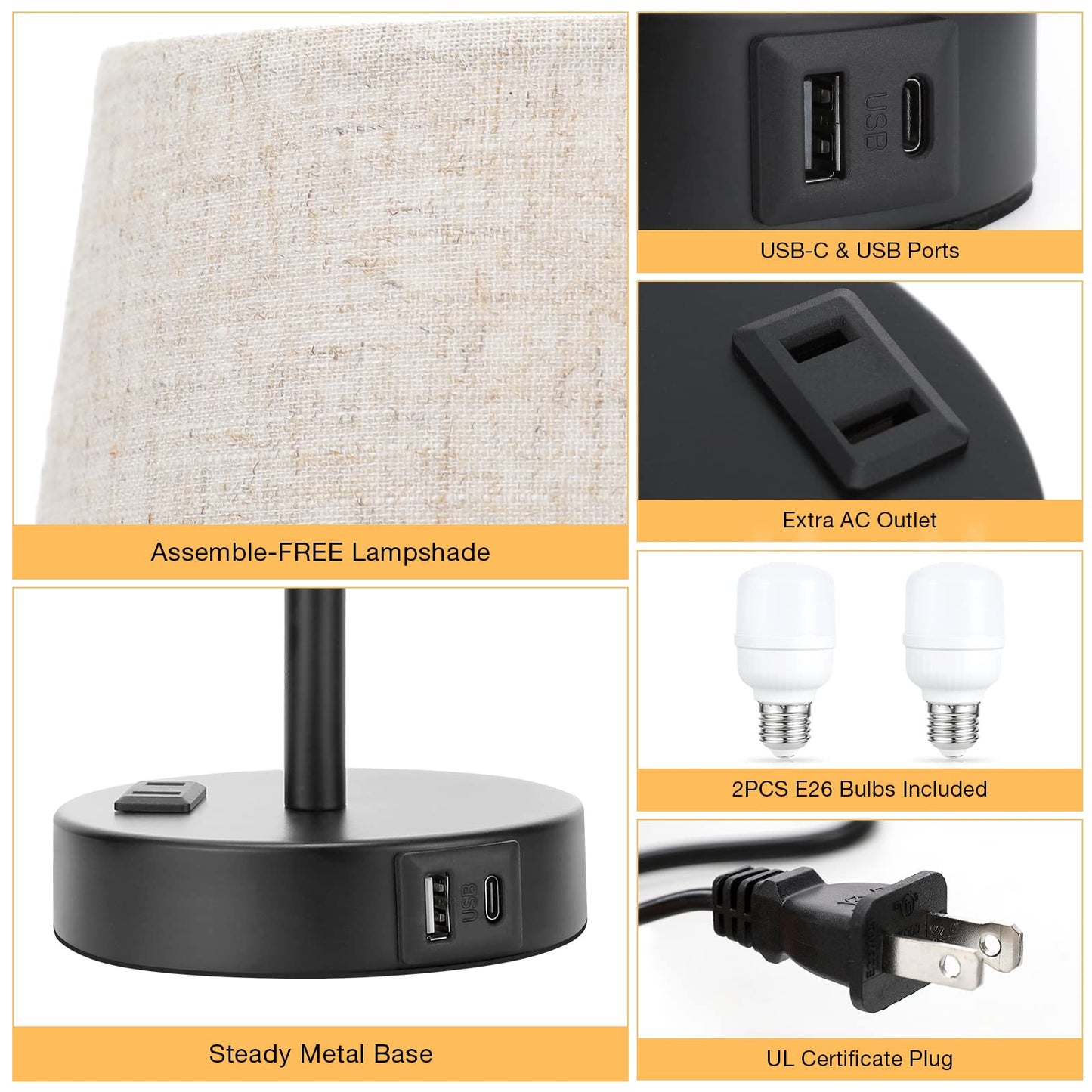 Mini Bedside Lamps for Bedrooms Set of 2 - Nightstand Bedroom Lamps with USB C Port and AC Outlet Charging, Dimmable Touch Small Bed Side Table Lamp, Black Night Stand Light for Kids/Guest Room