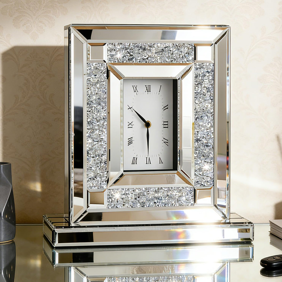 SHYFOY Mirrored Desk Clock with Crushed Diamond Inlay, 13" Decorative Table Clock, Silver Beveled Glass Mantel Clock, Non-Ticking Roman Numeral Tabletop Clock for Living Room Office Shelf Decor
