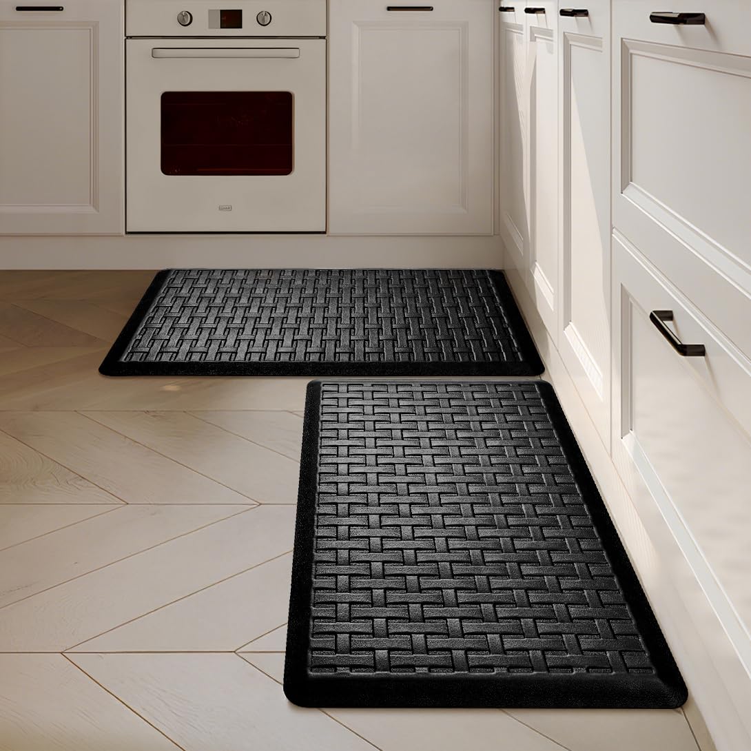 2PCS UKISS Kitchen Rugs, Cushioned Anti Fatigue Kitchen Mats for Floor, Waterproof Kitchen Rug，Non-Slip Comfort Standing Mat for Kitchen (Black, 17.3"x28"+17.3"x28")