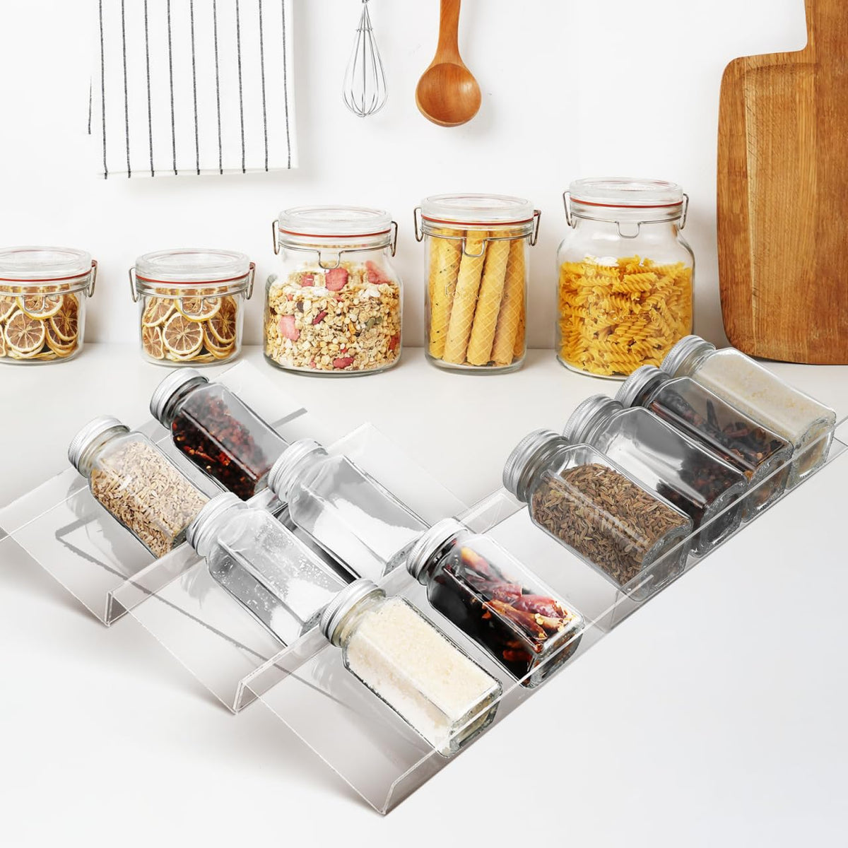 Cabilock 4 Pack Expandable Spice Drawer Organizer, Clear Acrylic Seasoning Rack for Kitchen Cabinet, 4-tier Tiered Tray Insert, Adjustable Wide Storage for Jars, Condiments & Nail Polish