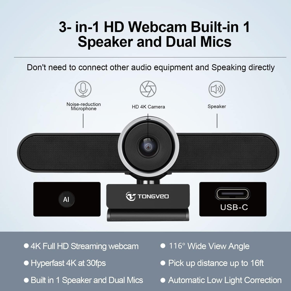 4K Webcam Conference Call TV Room Web Camera with Dual Microphones &Speaker, | All-in-One USB Video Camera, 116° Wide Angle, AI Auto Framing | Compatible with Zoom, OBS