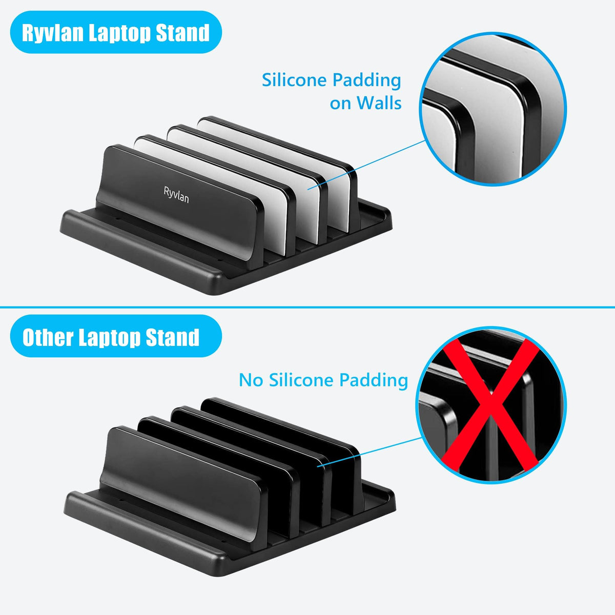 Ryvlan Vertical Laptop Stand, 3 Slot Adjustable Laptop Storage Rack and Desk Organizer, Silicone-Padded Holder for Multiple Devices Storage, Compatible Stand for Tablets and Devices up to 17 Inches