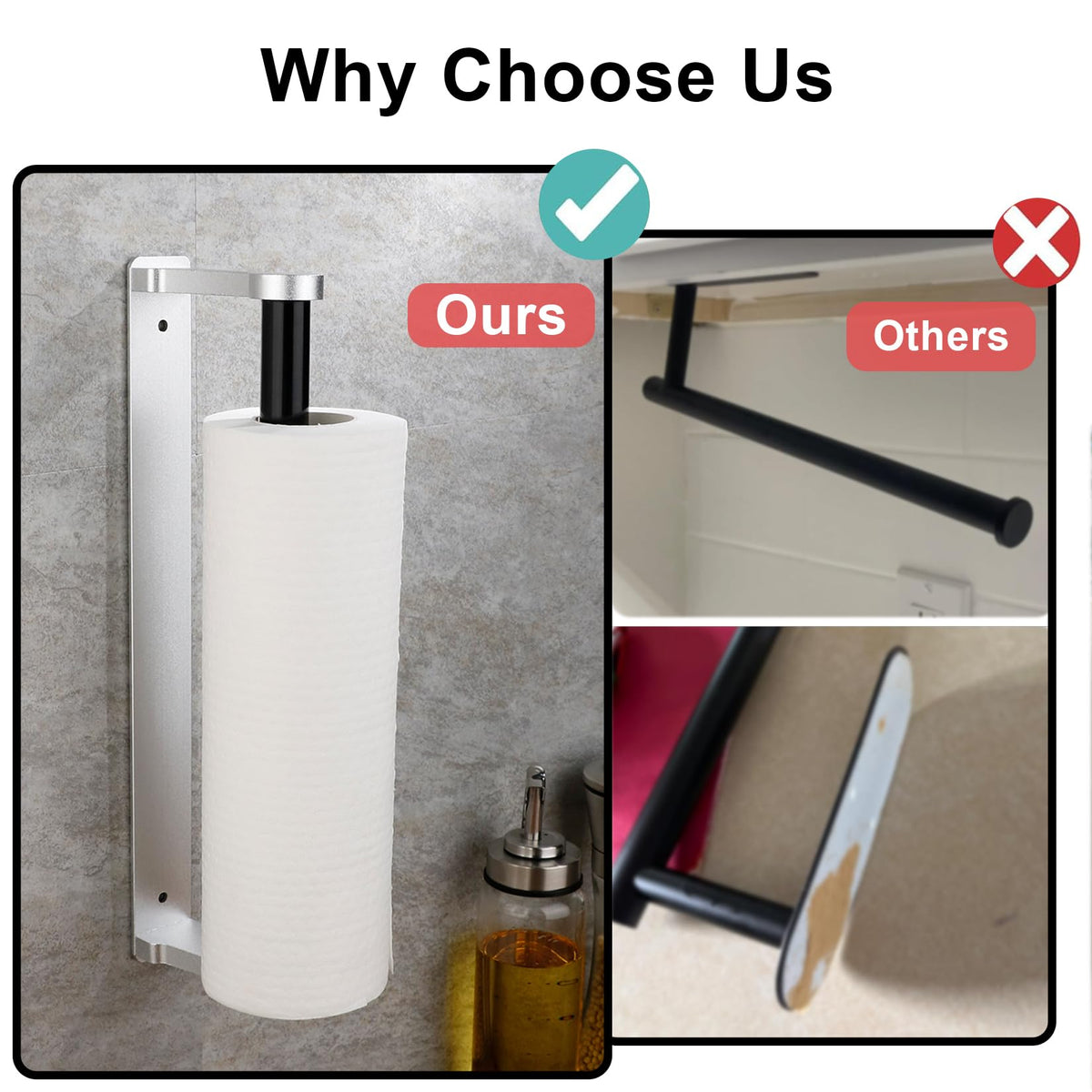 MONEER Paper Towel Holder Under Cabinet, Paper Towel Holder, Aluminum Alloy Kitchen Towel Holders, Self Adhesive Kitchen Roll Holder for Kitchen, Bathroom, Living Room (Silver)