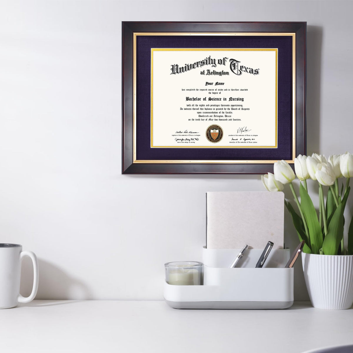 GMFrames 8.5x11 Wood Diploma Frame with Purple Mat or Display 11x14 Certificates without Mat,Tempered Glass,Deep Brown Finish with Gold Trim