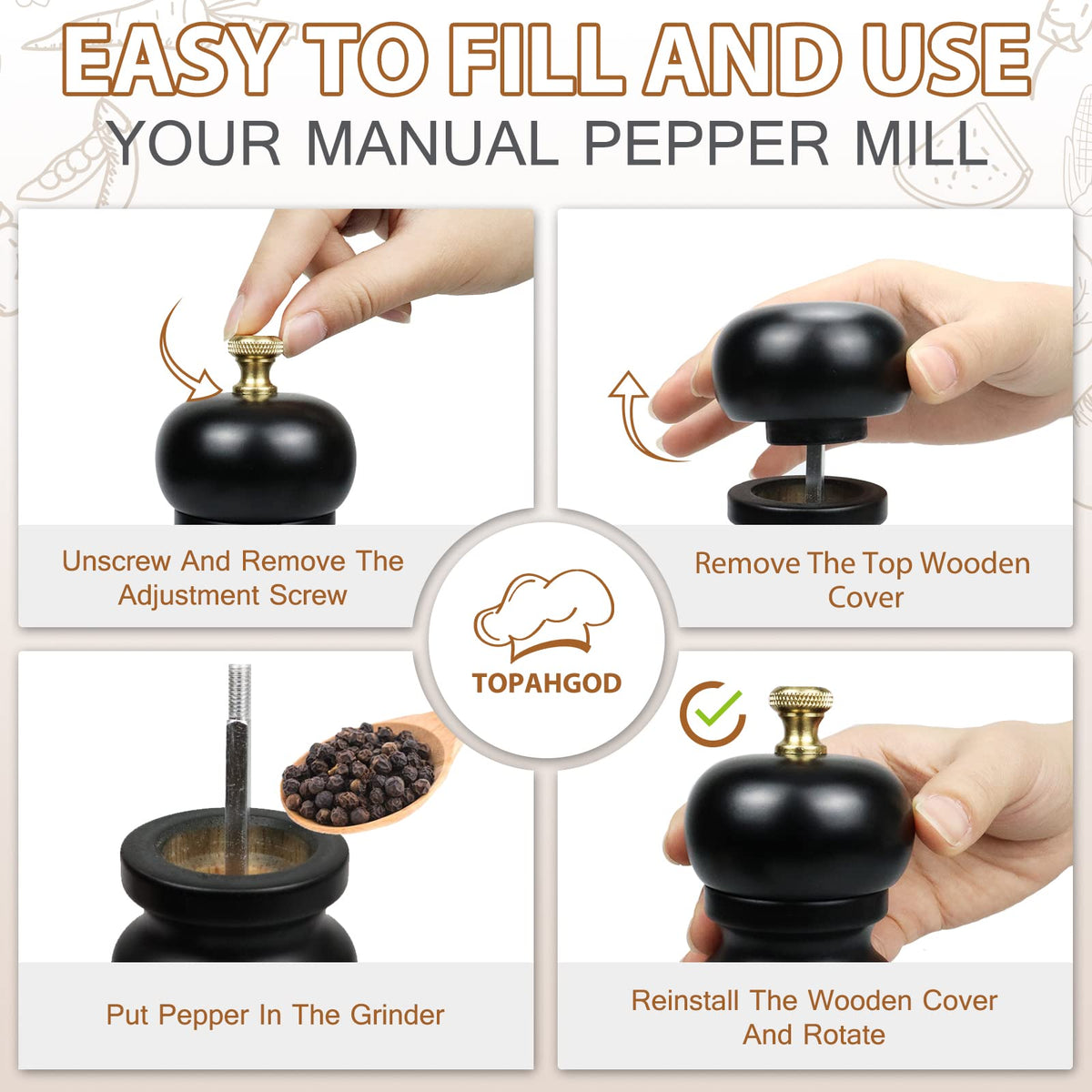 Salt and Pepper Grinders Set of 2, Manual Pepper Mill & Salt Grinder with Adjustable Ceramic Rotor & Stainless Steel Gasket, Refillable Black Salt & Pepper Shakers for BBQ Restaurant Kitchen