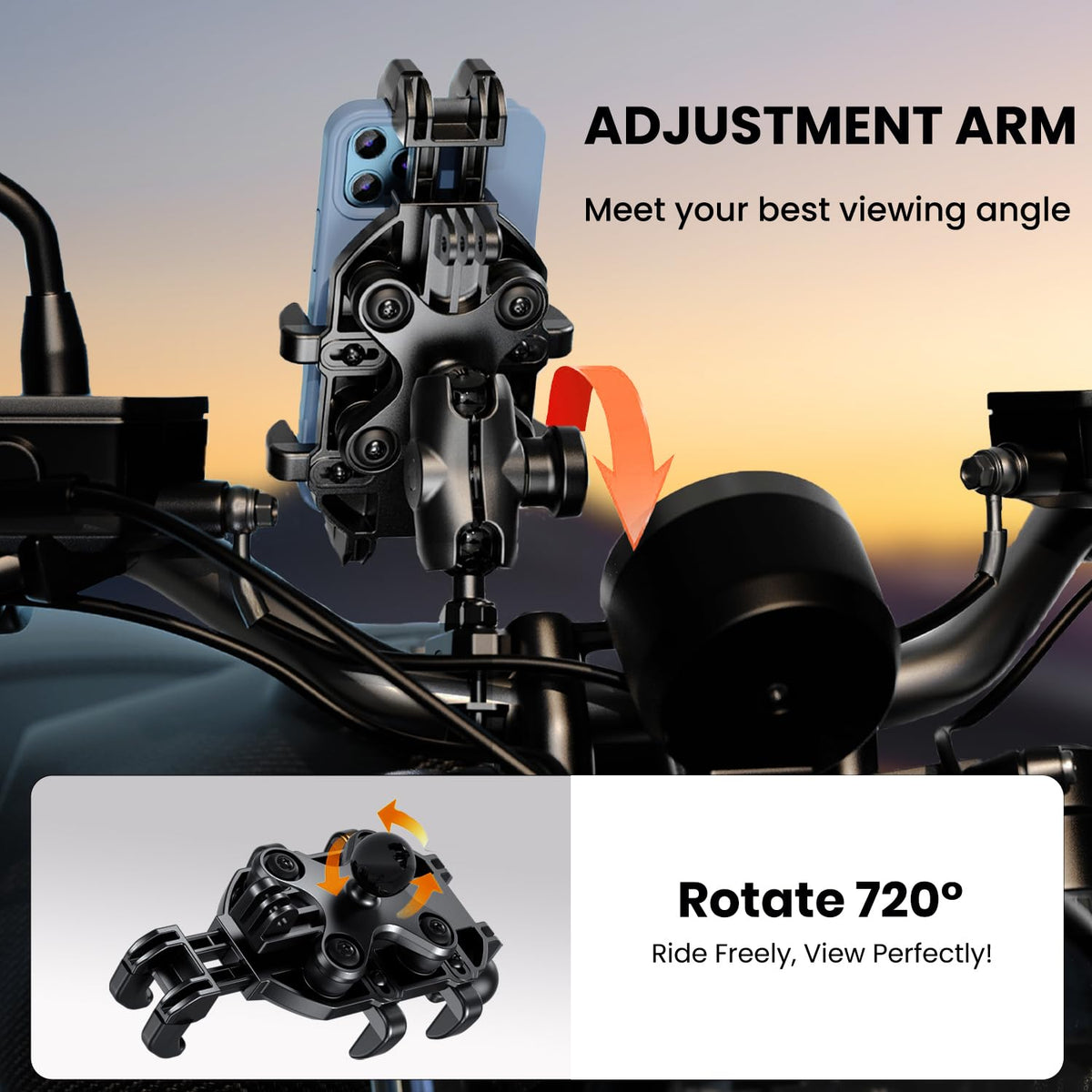 Thlevel Motorcycle Phone Mount Holder with Vibration Dampener Anti-Shake 720° Adjustable for iPhone 16 Pro Max for Samsung 5.4''-6.9'' Phone Anti-Theft Dirt Bikes(U Shape Base 0.6-1.1" Handlebar)