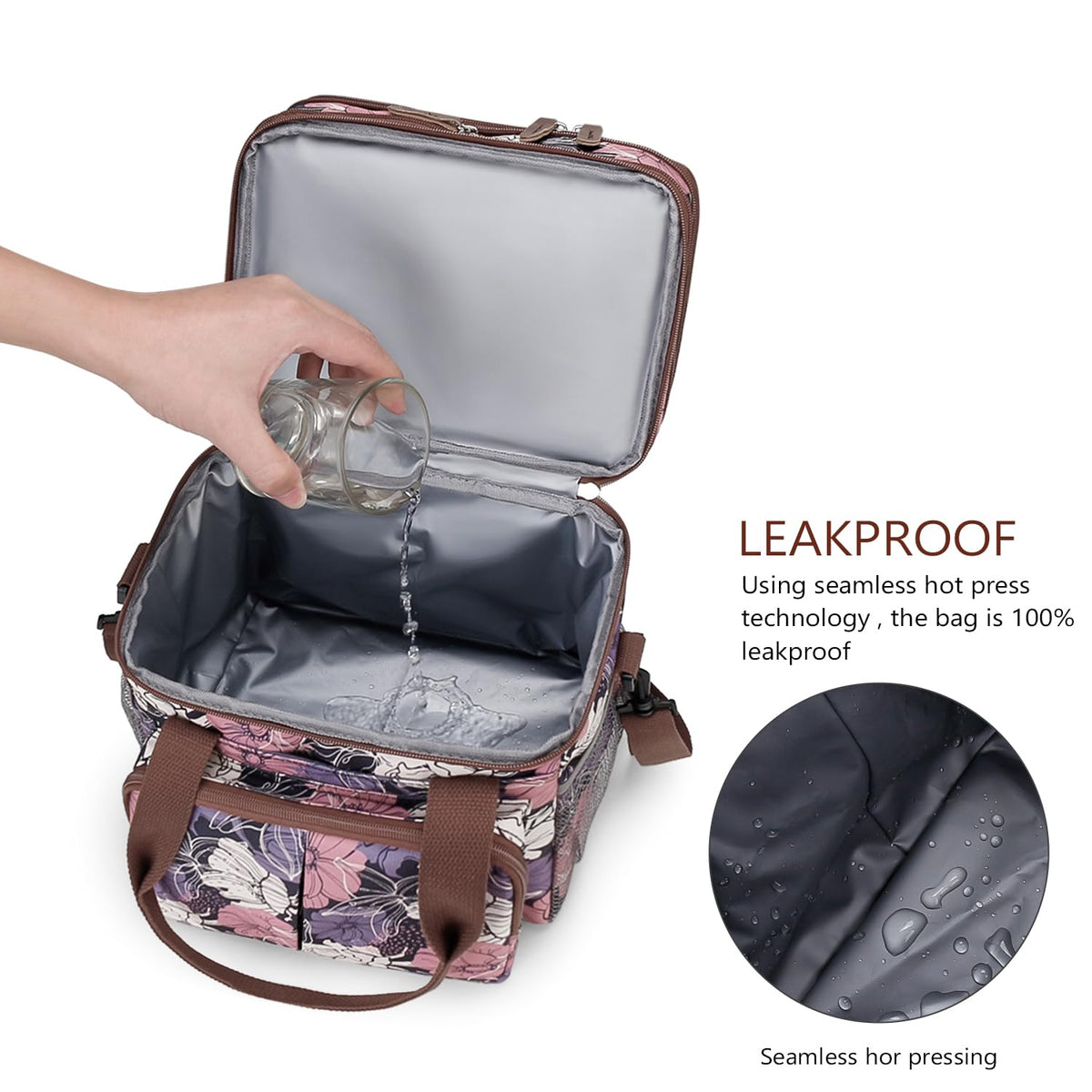 MOV COMPRA Lunch Bag for Women Men Double Deck Expandable Lunch Box,Large Lunch Bags,Leakproof Lunch Box Cooler Bag (Purple Flower)