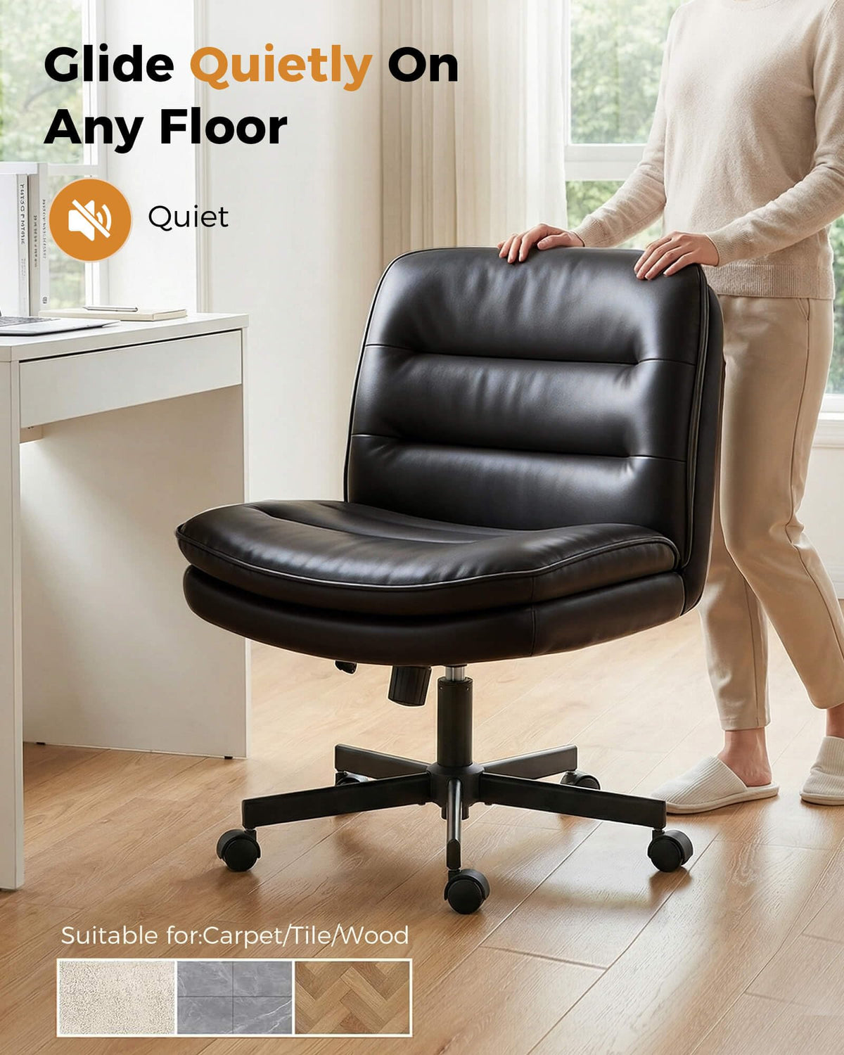 COMHOMA Cross Legged Office Chair with Wheels Armless Office Desk Chair, Modern Vanity Computer Task Chairs for Home Bedroom, Comfortable Wide Seat for Lower Back Pain Relief, PU Leahter, Black