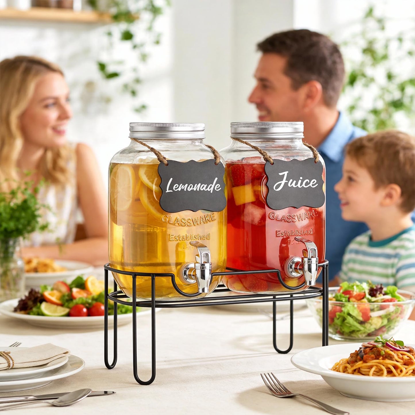 1 Gallon Glass Drink Dispensers For Parties, 2 Pack Beverage Dispenser，Lemonade Dispenser With Fruit Infuser And Stand For BBQ, Picnic, Party,Sun Tea