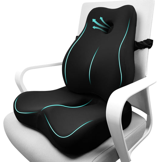 JIPORIER Seat Cushion & Lumbar Support Pillow for Office Chair,Memory Foam Chair Cushions for Tailbone Pain, Non-Slip Back Support for Desk,Gaming Chair,Wheelchair, Breathable & Machine Washable