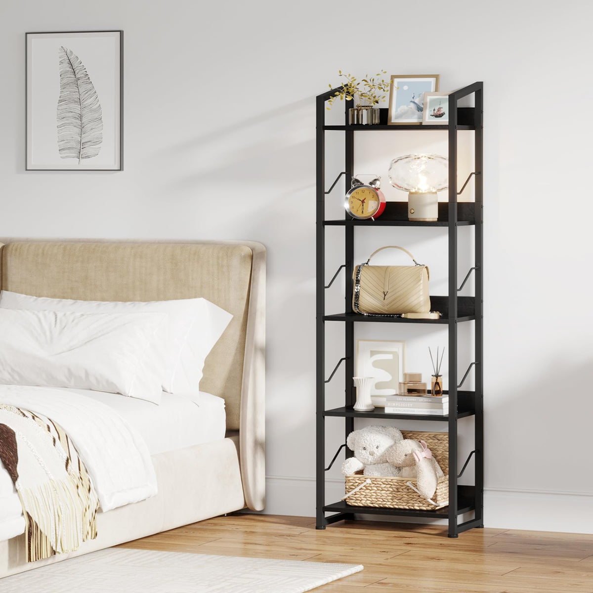 Hosfais 5 Tier Tall Bookshelf: Industrial Wood Book Shelf with Edge Protection Metal Narrow Bookshelf Bookcase Storage Organizer Display Rack for Living Room Home Office (Black)