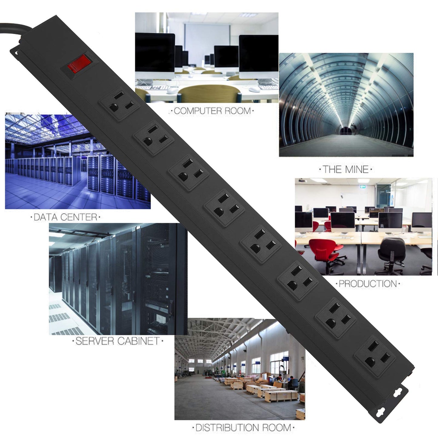 HHSOET Metal 8 Outlet Mountable Power Strip, Wall Mount Outlet Heavy Duty, Wide Spaced Commercial Shop Power Strip with Switch, 15A 125V 1875W, 6 FT SJT 14AWG Power Cord.(Black)