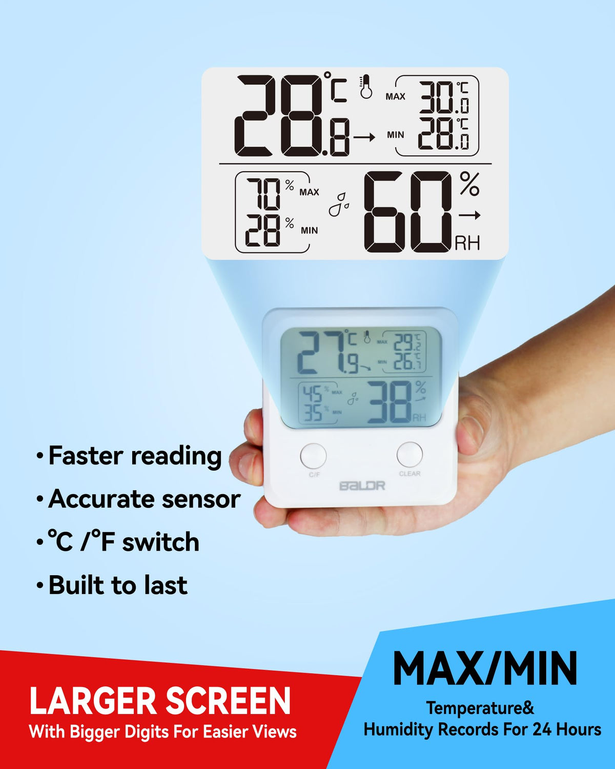 BALDR Digital Humidity Sensor & Thermometer - Indoor Room Monitor, Wireless Temperature & Humidity Gauge