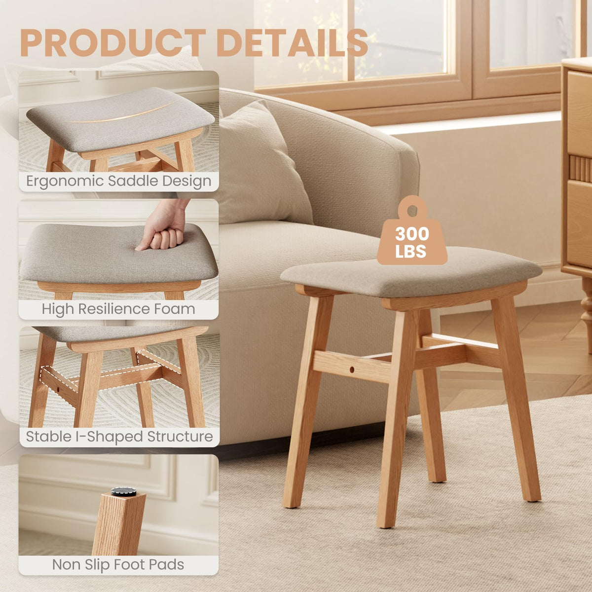 DONGMUWUJEE Solid Wood Small Vanity Stool Chair, Makeup Stools for Vanity Desk, Bathroom Vanity Chair, Padded Foot Stool for Living Room, Ottoman Foot Rest for Couch, Small Bench for Entryway, Natural