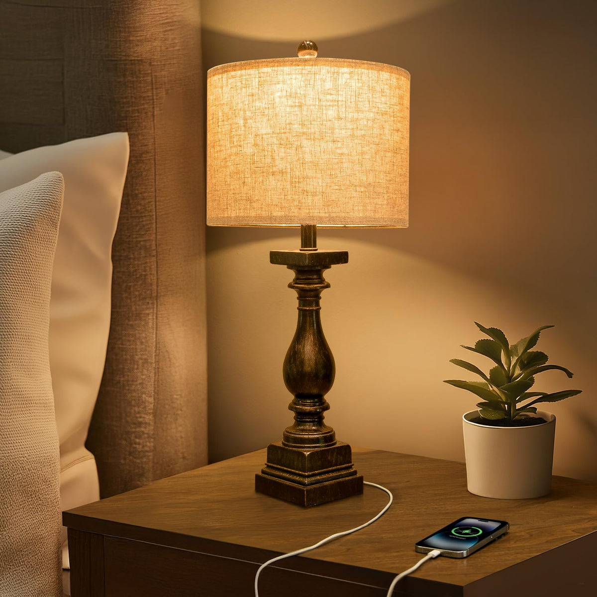 BOBOMOMO 27" Farmhouse Black Table Lamp Set of 2 with USB A+C for Bedroom Living Room Vintage Rustic Traditional Nightstand Bedside Lamps Retro Side Table Lamps (Blubs not Included)