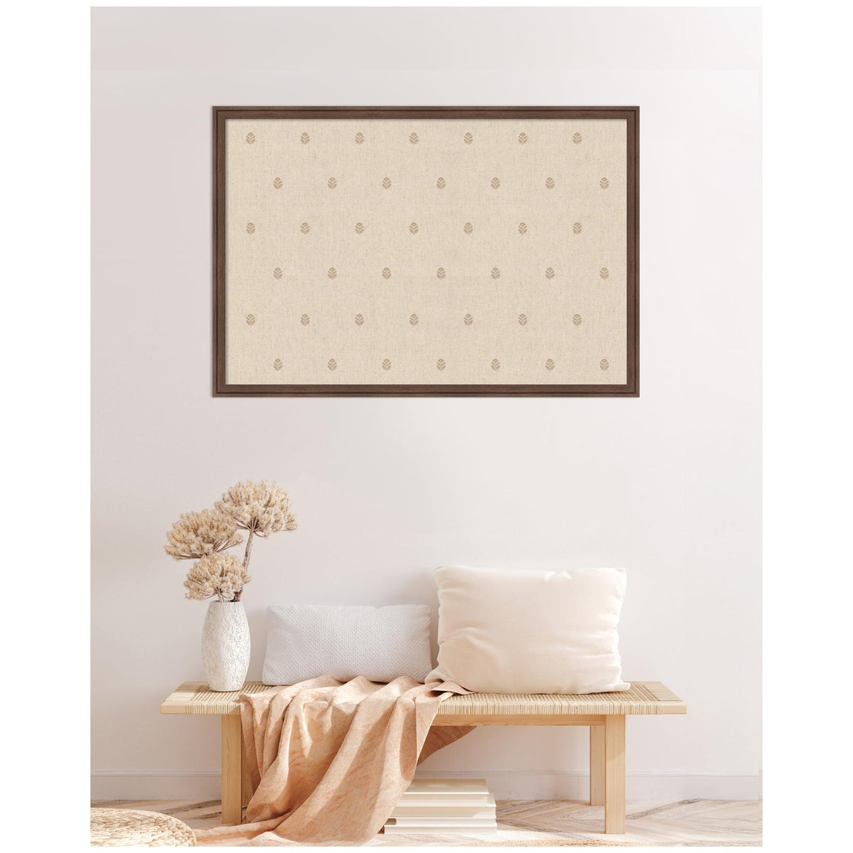 Kate and Laurel Framed Fabric Pinboard 38 x 26, Beige Botanical Block Print Printed Linen Classic Bulletin Board for Use as a Vision Board or Wall Organization, Florence Medium Brown Frame