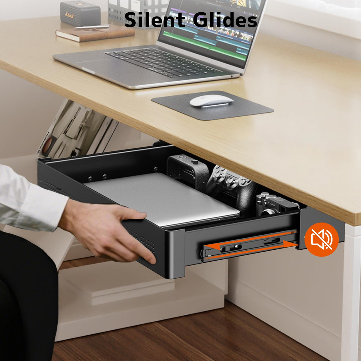 PUTORSEN Under Desk Storage Drawer 15.7" Wide - Smooth Slide Out Organizer for Standing Desk & Home Office,Max Load 17.6 lbs,Quiet Glide, Black
